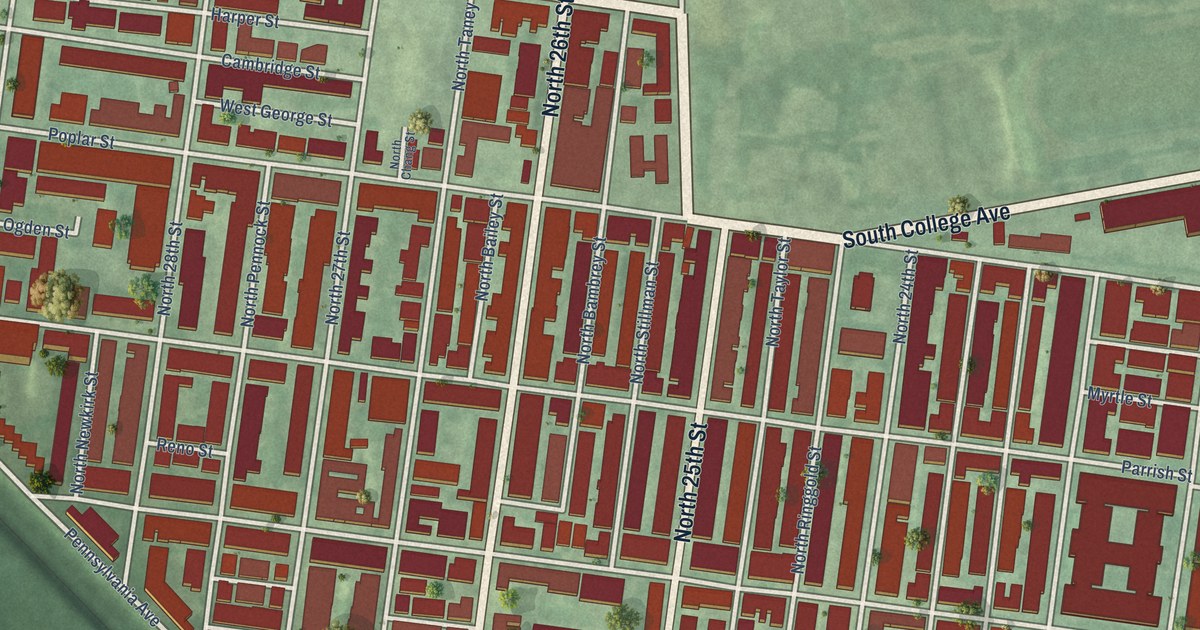 Close-up of streets and buildings in Fairmount, Philadelphia, Pennsylvania