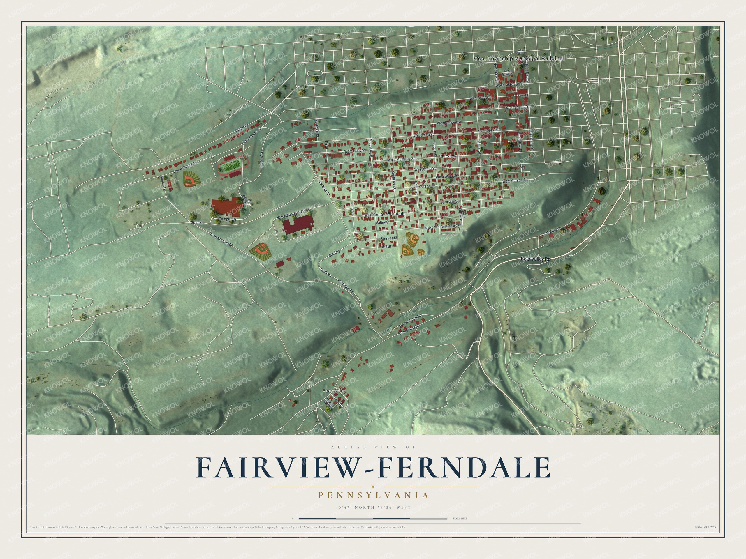 Full map of Fairview-Ferndale, Pennsylvania, with red buildings, printed street names and the land around them