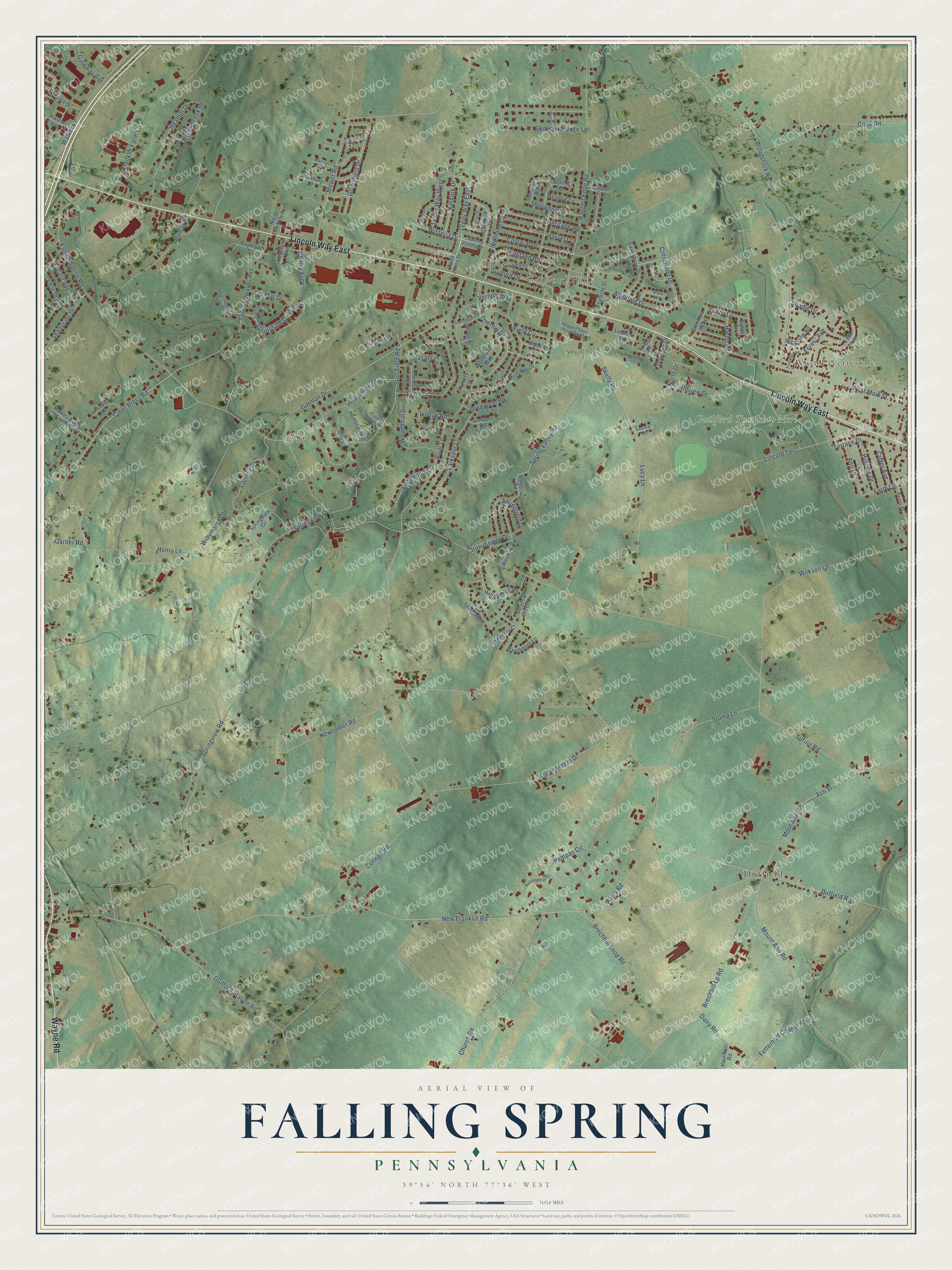 Full map of Falling Spring, Pennsylvania, with red buildings, printed street names and the land around them