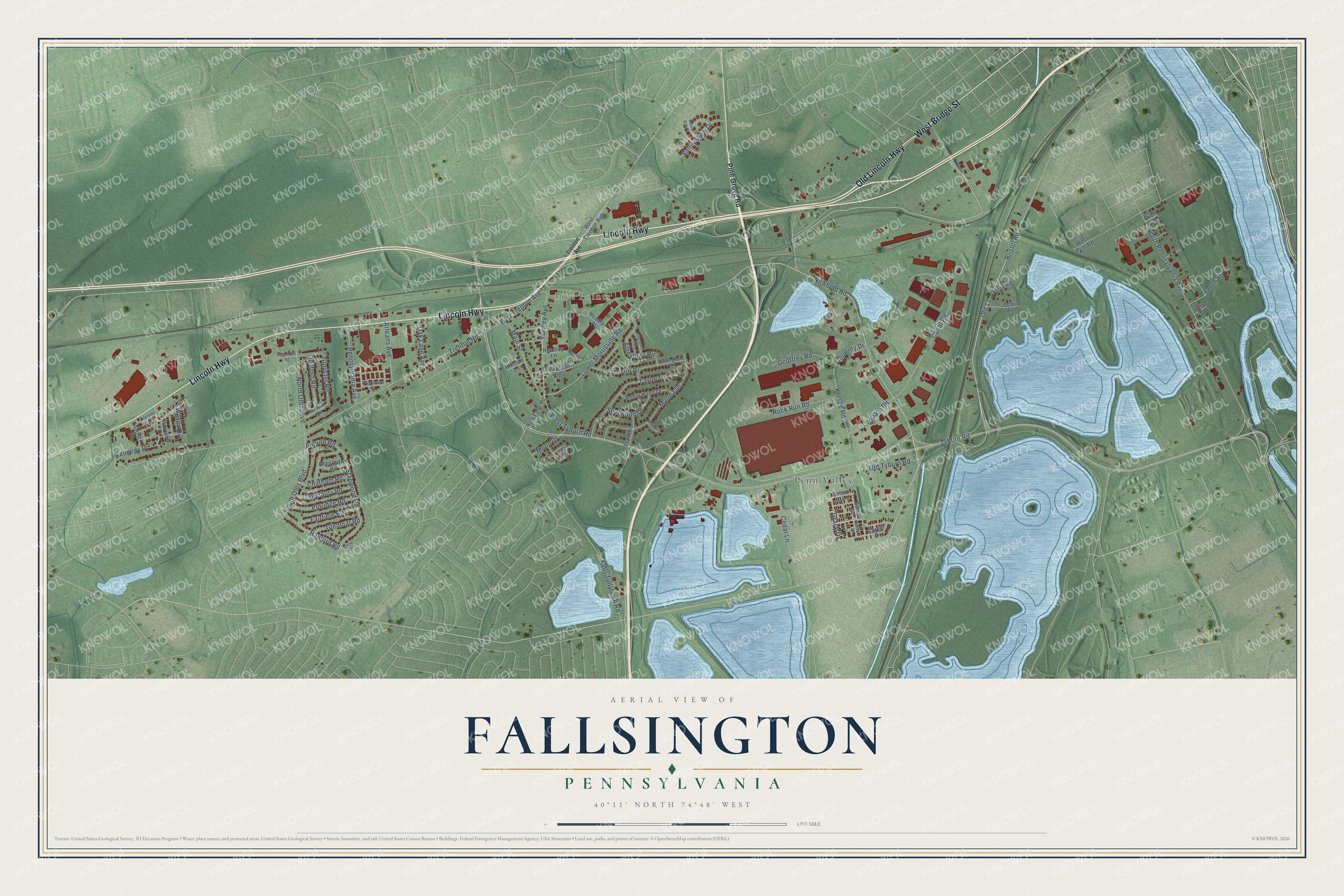 Full map of Fallsington, Pennsylvania, with red buildings, printed street names and the land around them