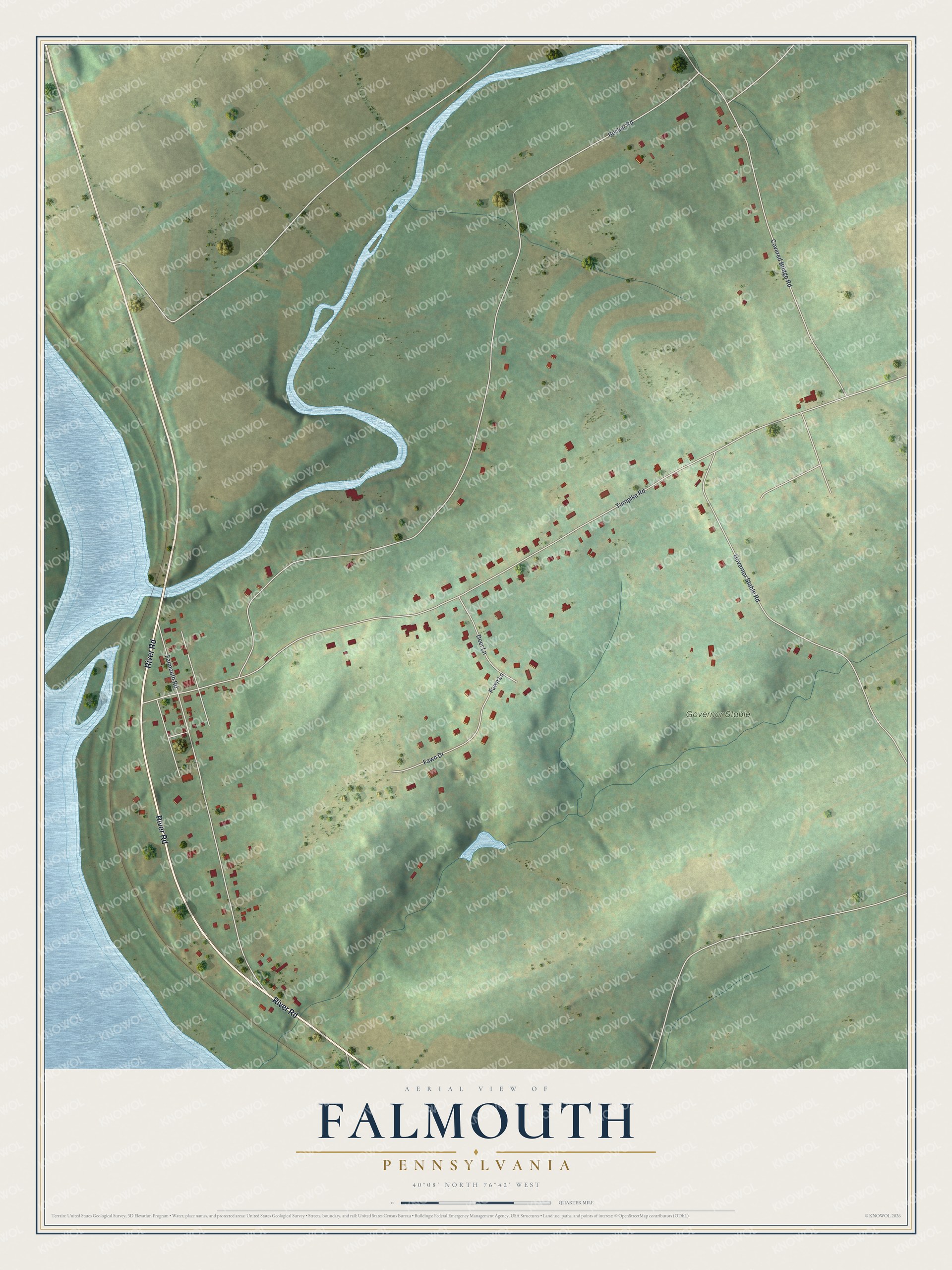 Full map of Falmouth, Pennsylvania, with red buildings, printed street names and the land around them