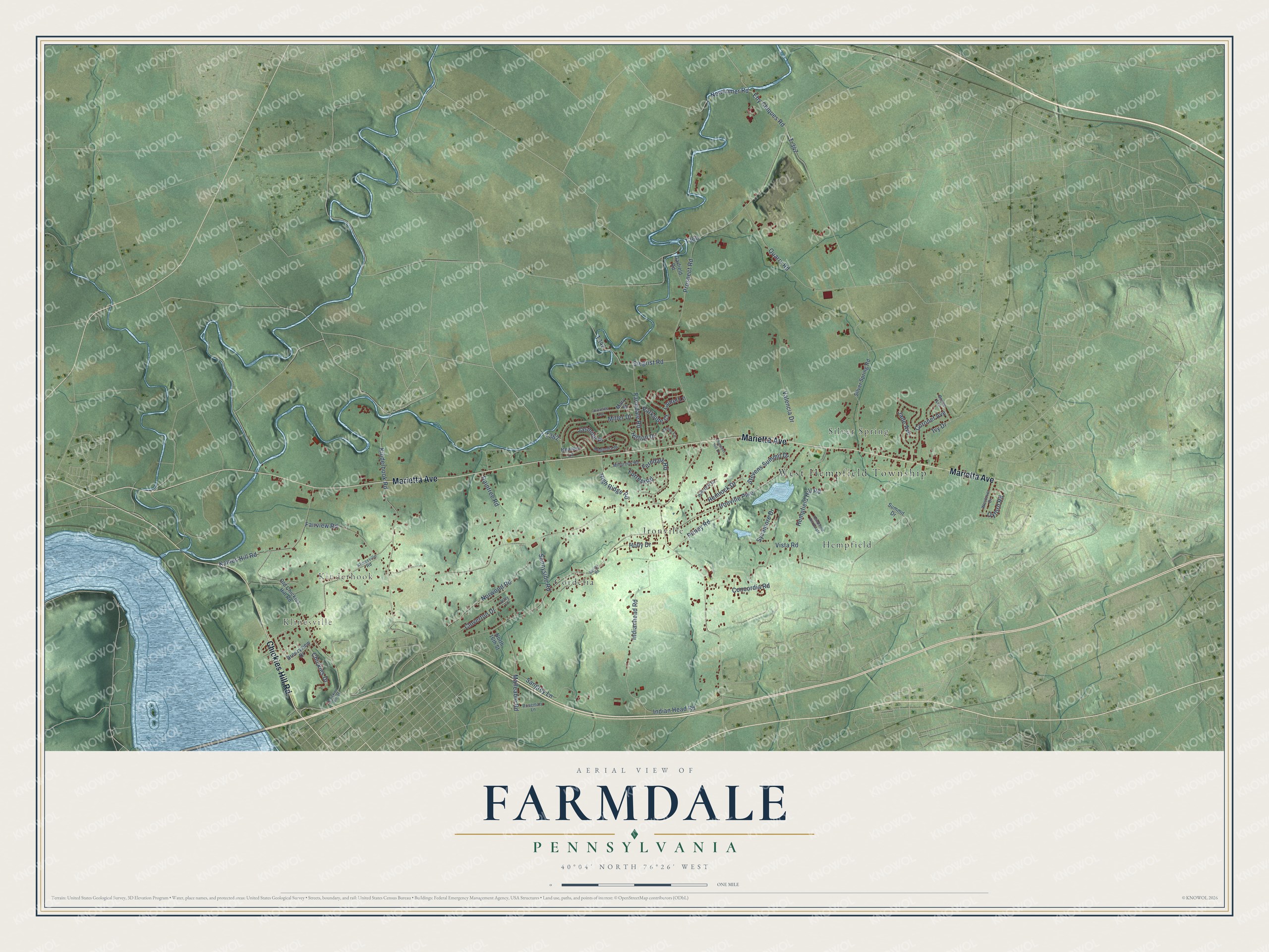 Full map of Farmdale, Pennsylvania, with red buildings, printed street names and the land around them