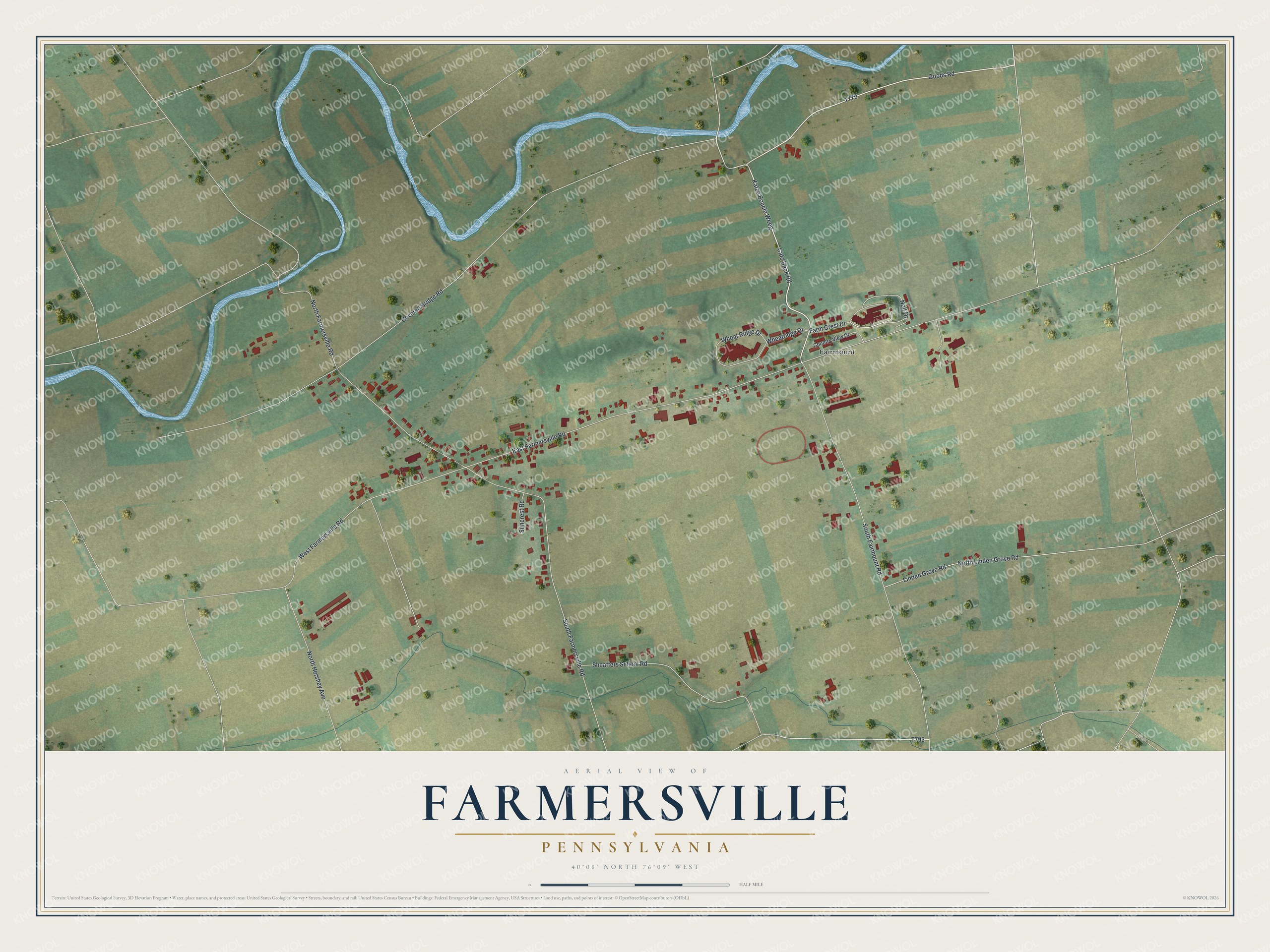 Full map of Farmersville, Pennsylvania, with red buildings, printed street names and the land around them