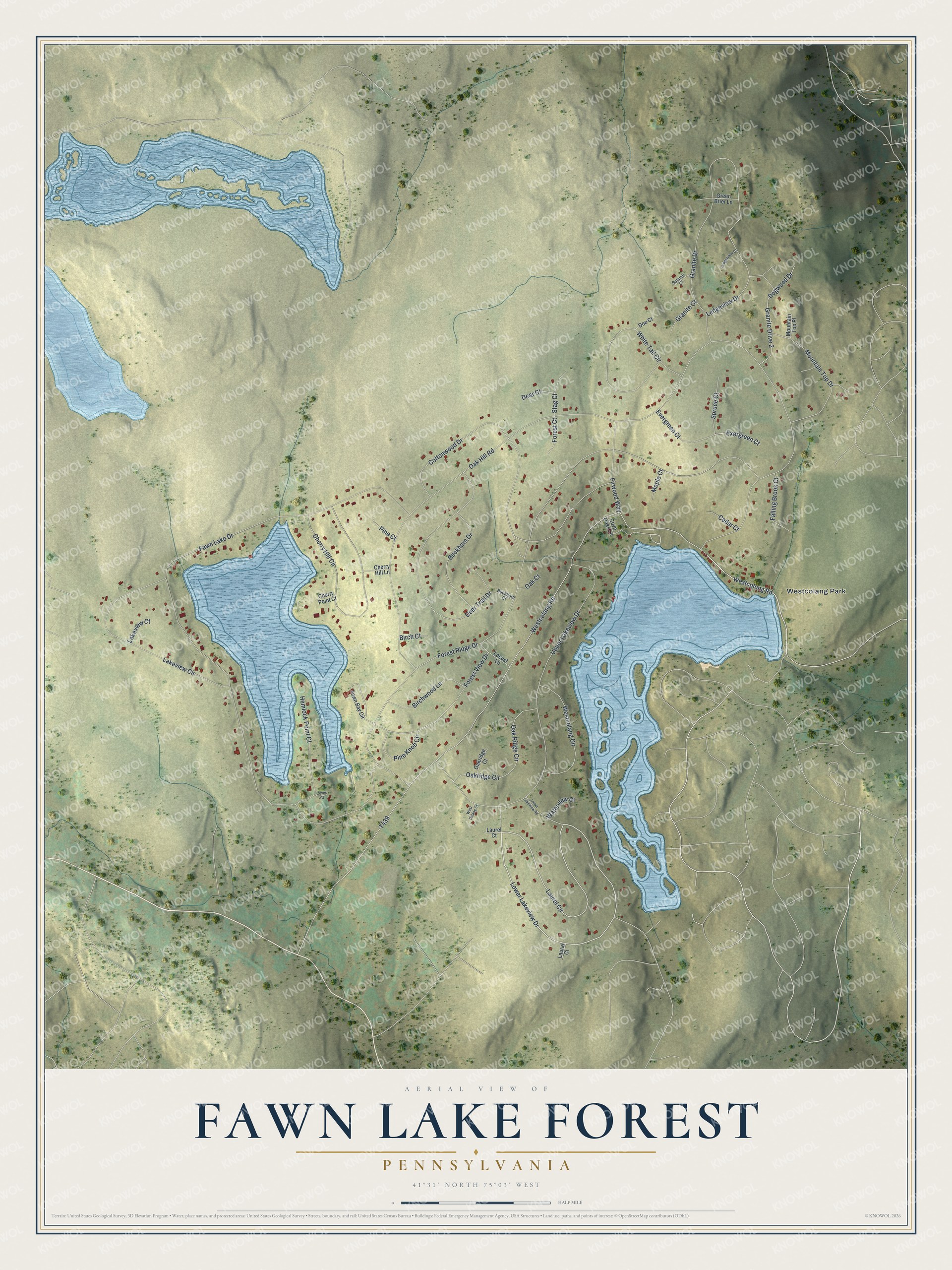 Full map of Fawn Lake Forest, Pennsylvania, with red buildings, printed street names and the land around them