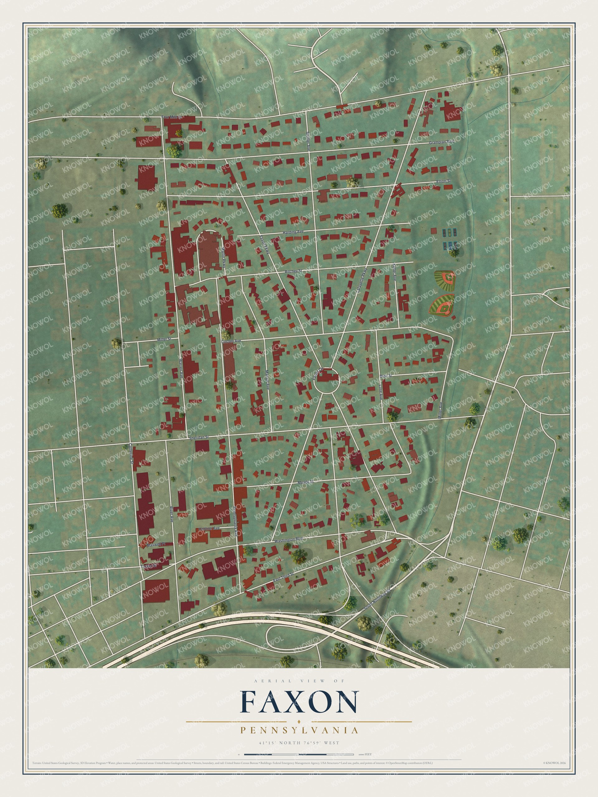 Full map of Faxon, Pennsylvania, with red buildings, printed street names and the land around them