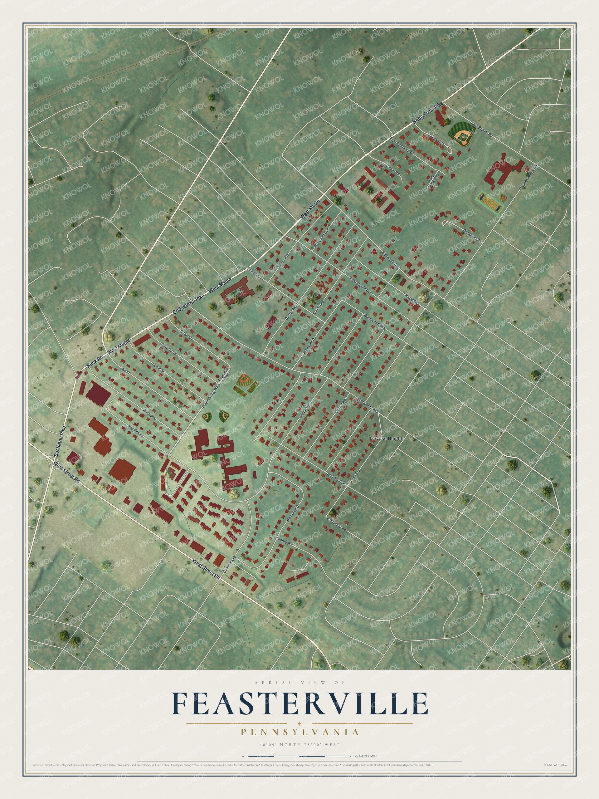 Full map of Feasterville, Pennsylvania, with red buildings, printed street names and the land around them