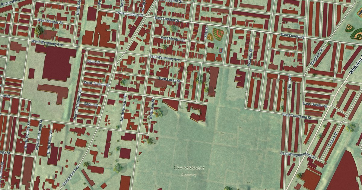 Close-up of streets and buildings in Feltonville, Pennsylvania