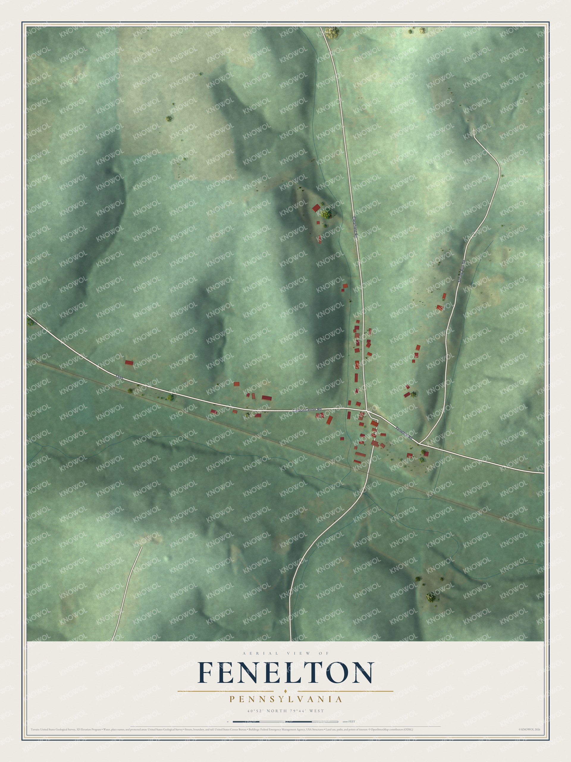 Full map of Fenelton, Pennsylvania, with red buildings, printed street names and the land around them
