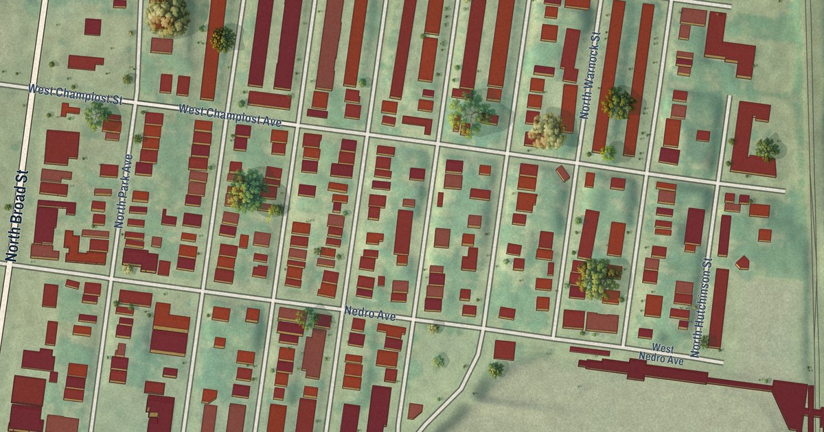 Close-up of streets and buildings in Fern Rock, Pennsylvania