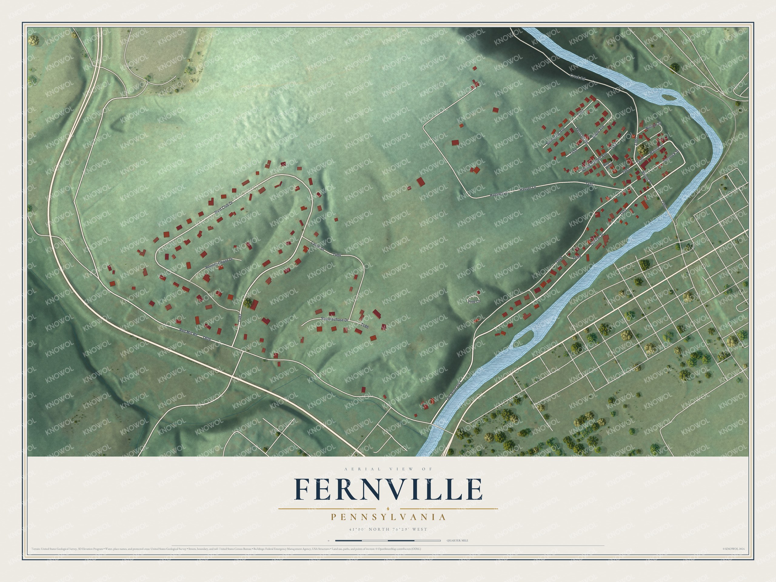 Full map of Fernville, Pennsylvania, with red buildings, printed street names and the land around them