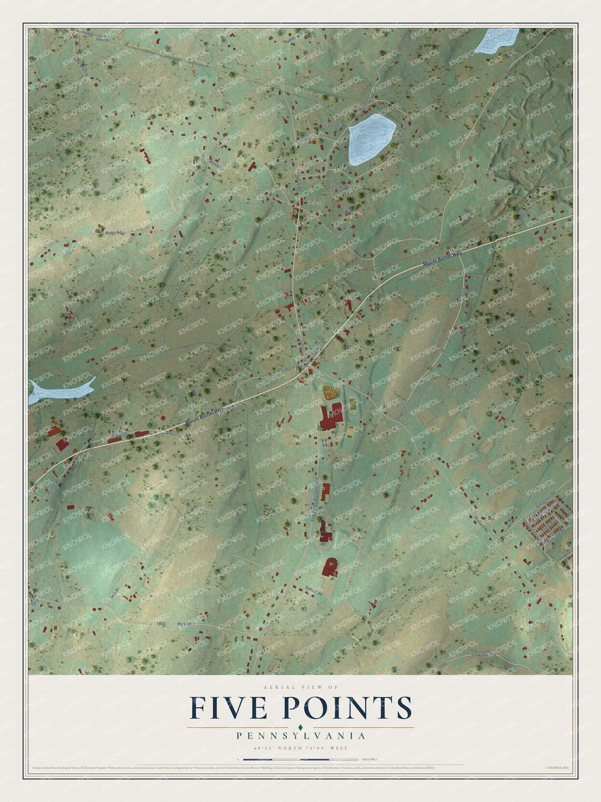 Full map of Five Points, Pennsylvania, with red buildings, printed street names and the land around them