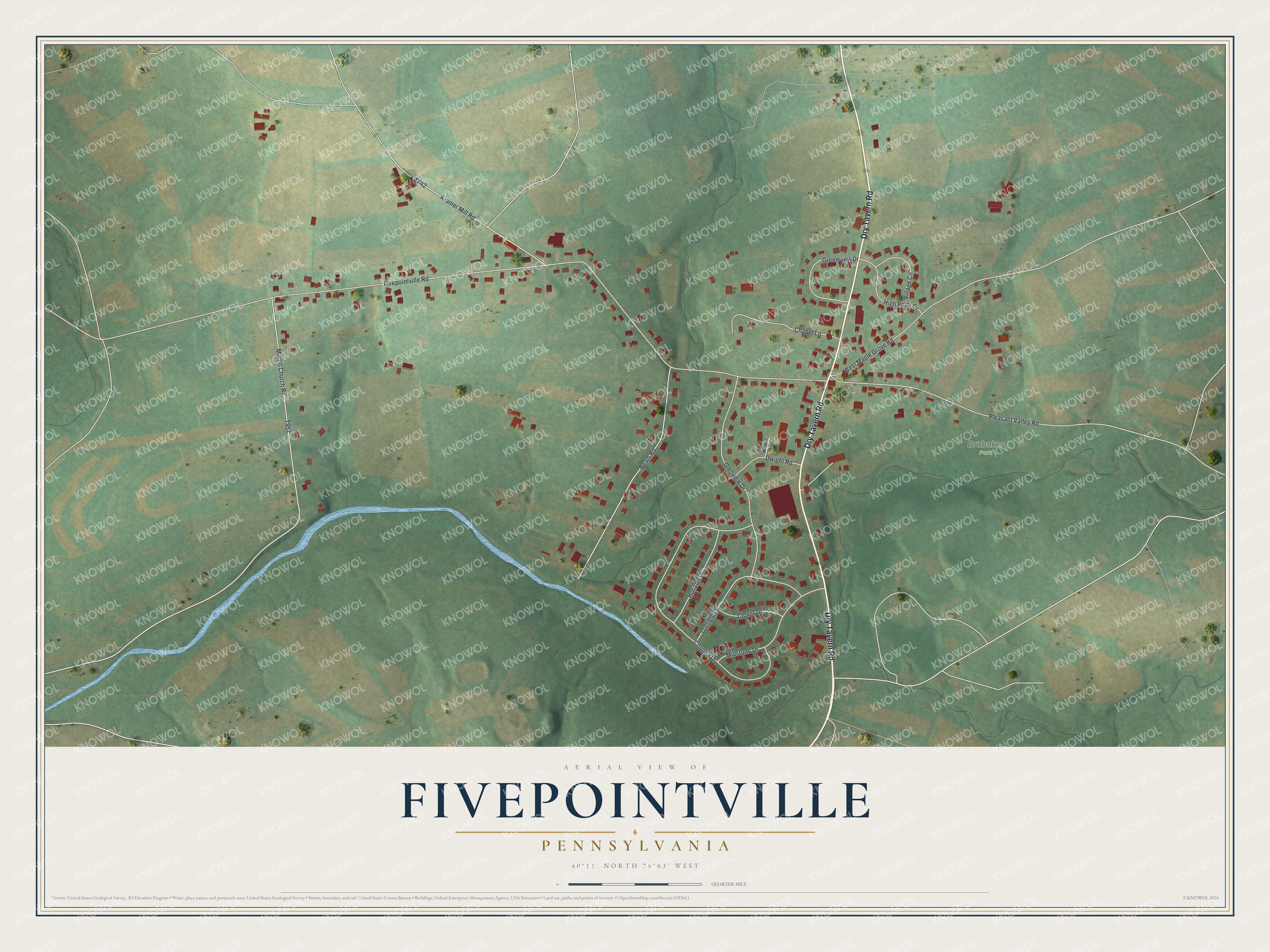 Full map of Fivepointville, Pennsylvania, with red buildings, printed street names and the land around them
