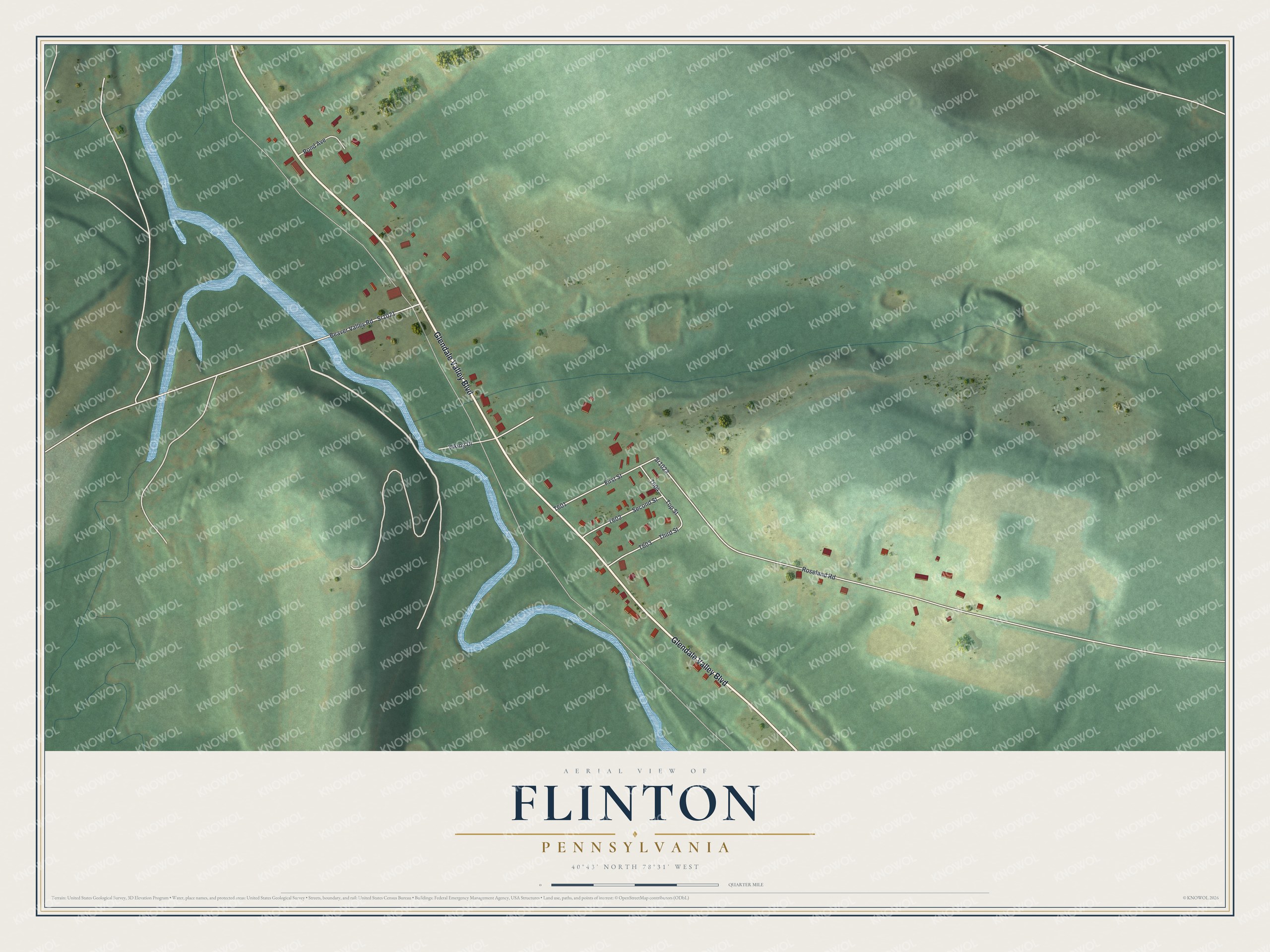 Full map of Flinton, Pennsylvania, with red buildings, printed street names and the land around them