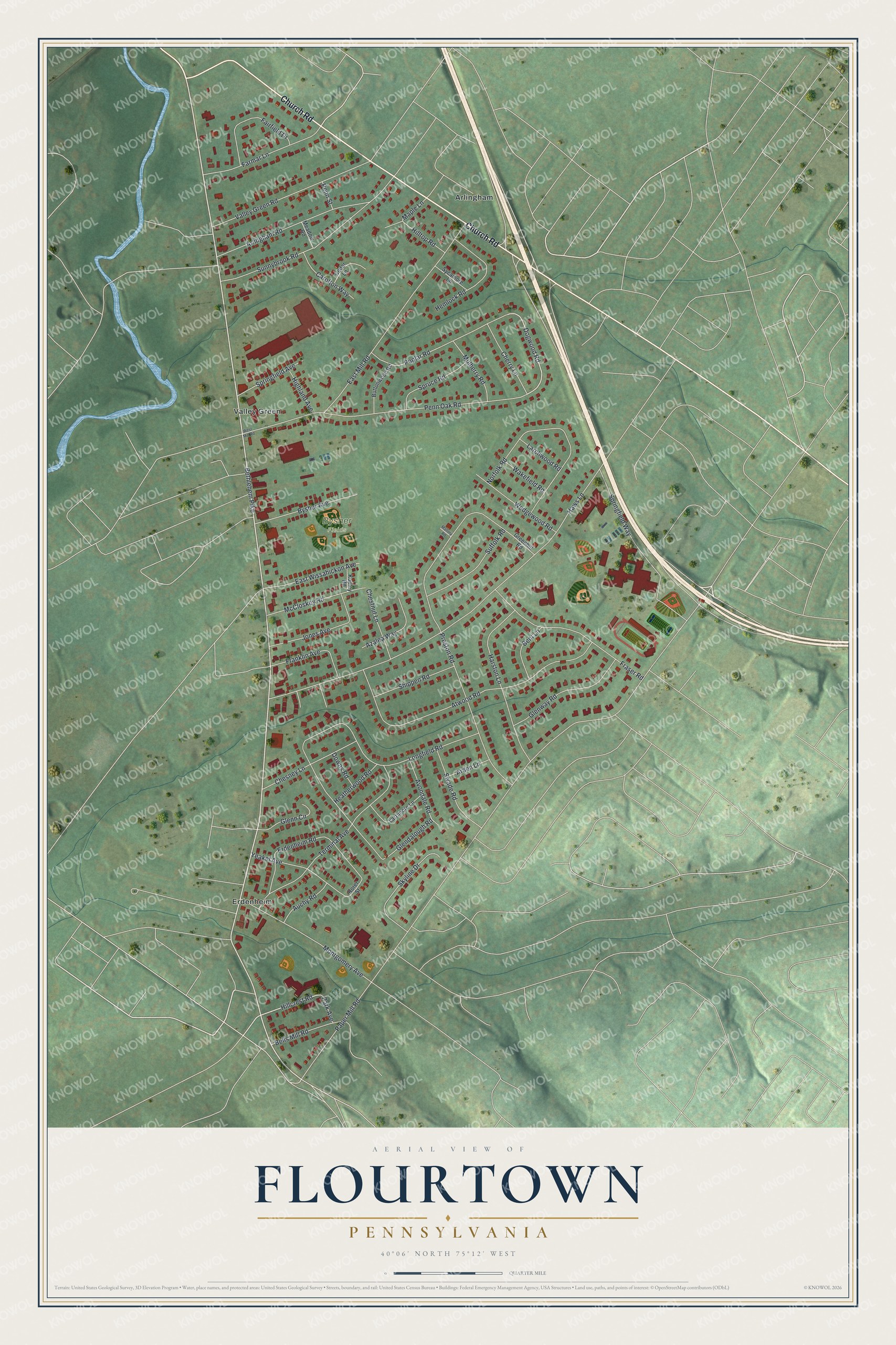 Full map of Flourtown, Pennsylvania, with red buildings, printed street names and the land around them