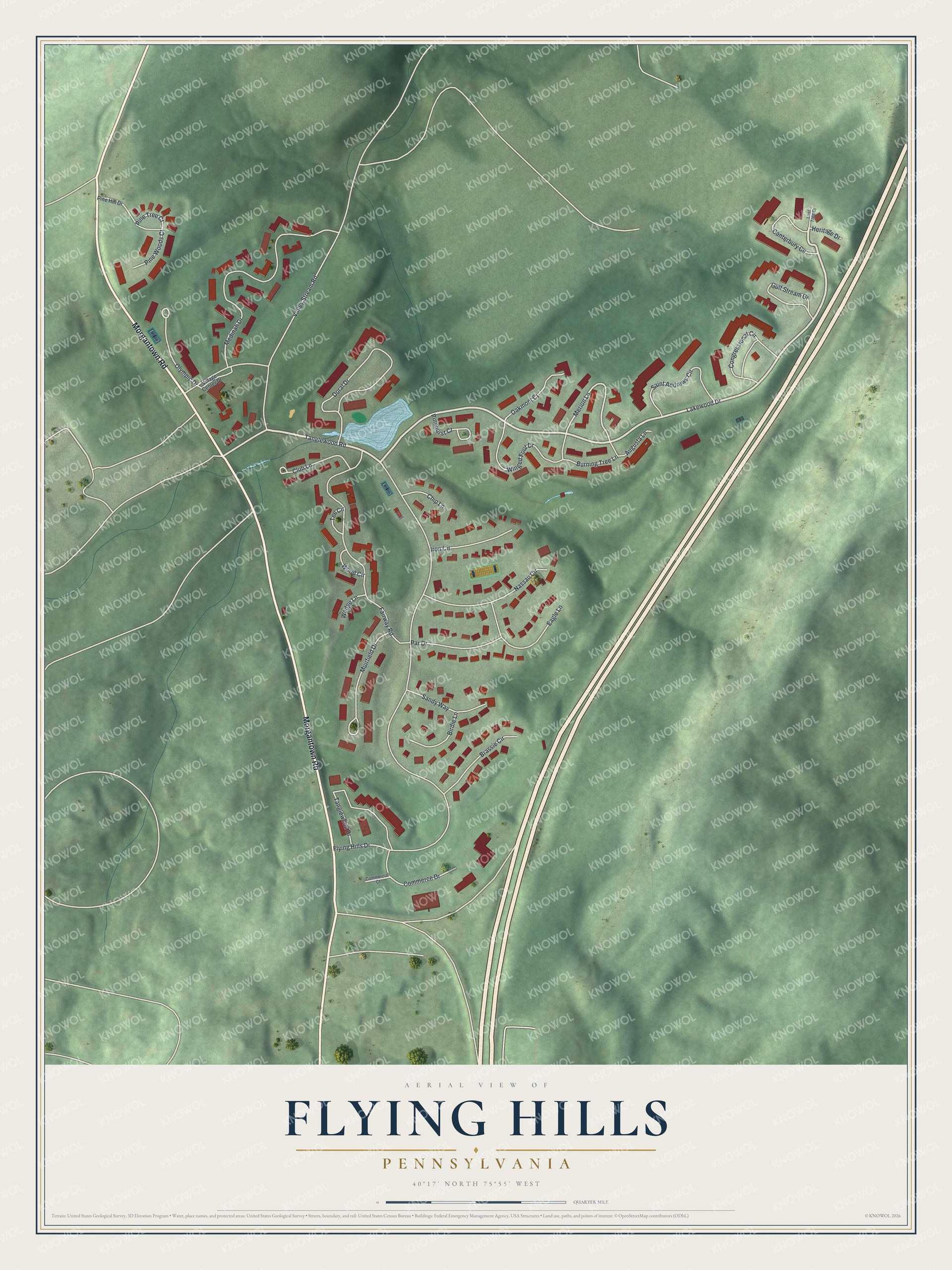 Full map of Flying Hills, Pennsylvania, with red buildings, printed street names and the land around them