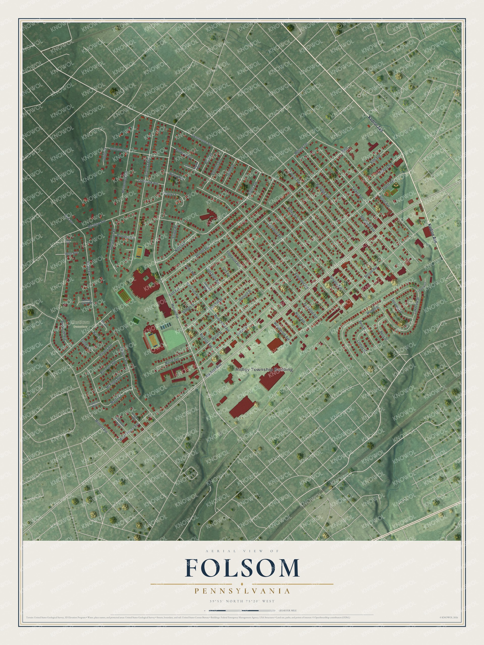Full map of Folsom, Pennsylvania, with red buildings, printed street names and the land around them