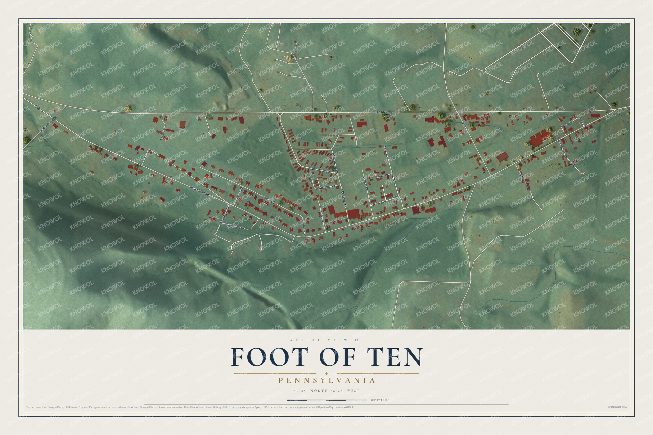 Full map of Foot of Ten, Pennsylvania, with red buildings, printed street names and the land around them