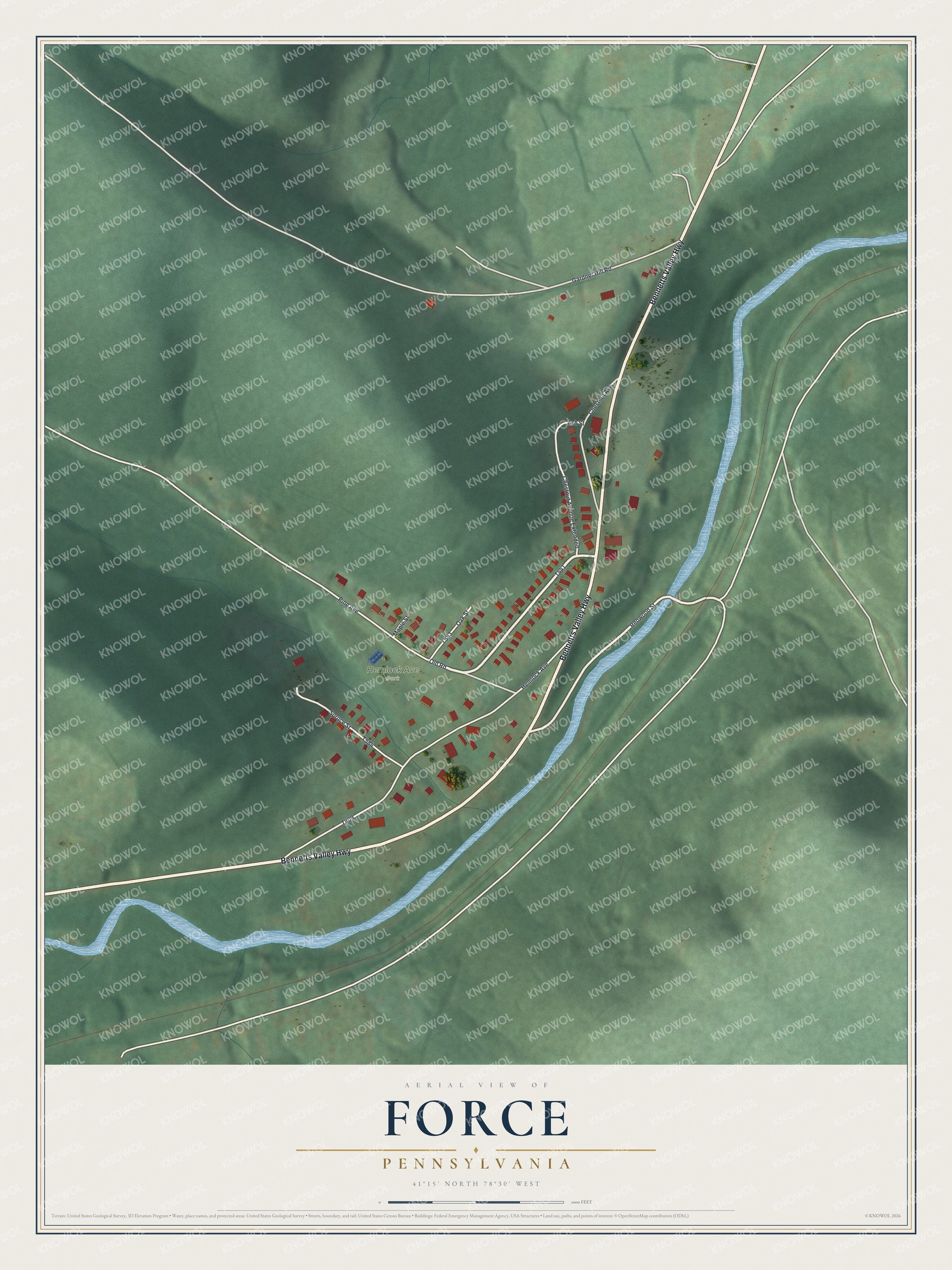 Full map of Force, Pennsylvania, with red buildings, printed street names and the land around them