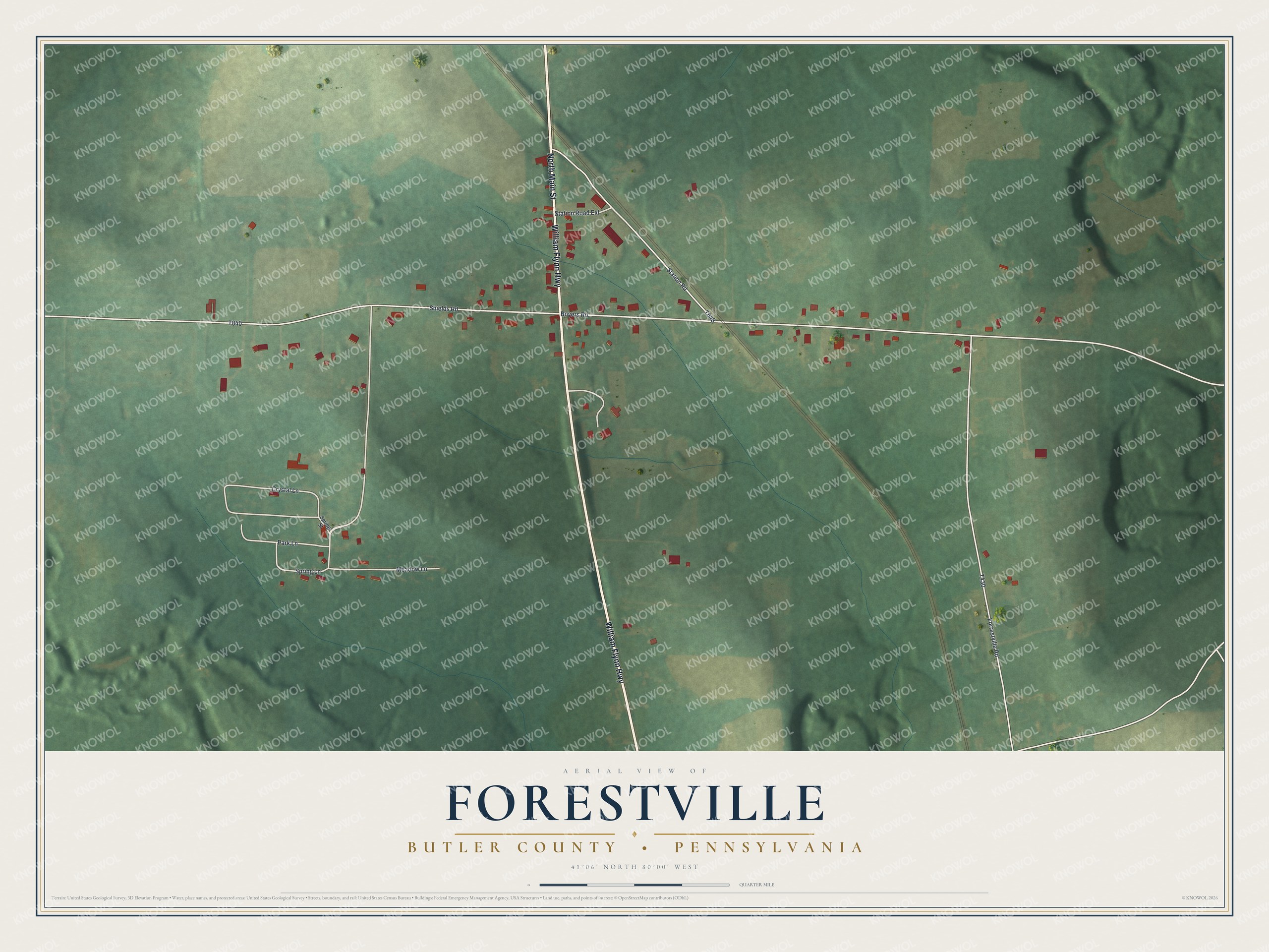 Full map of Forestville, Pennsylvania, with red buildings, printed street names and the land around them