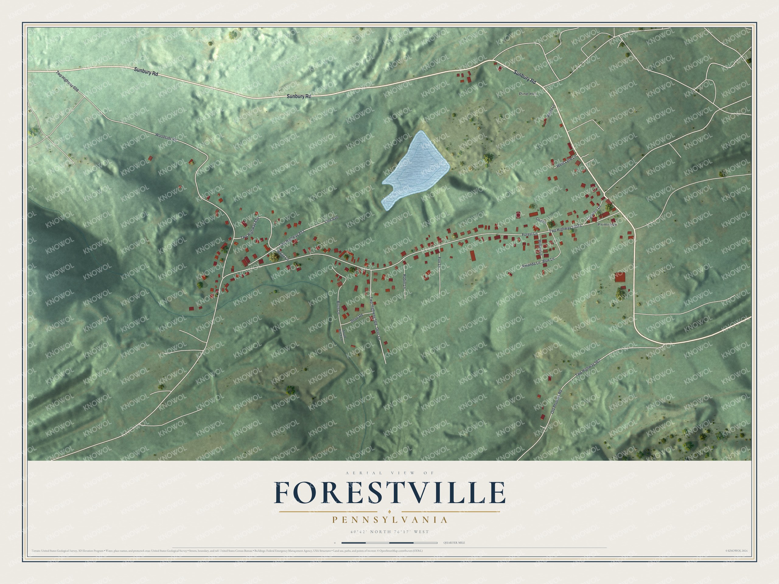 Full map of Forestville, Pennsylvania, with red buildings, printed street names and the land around them