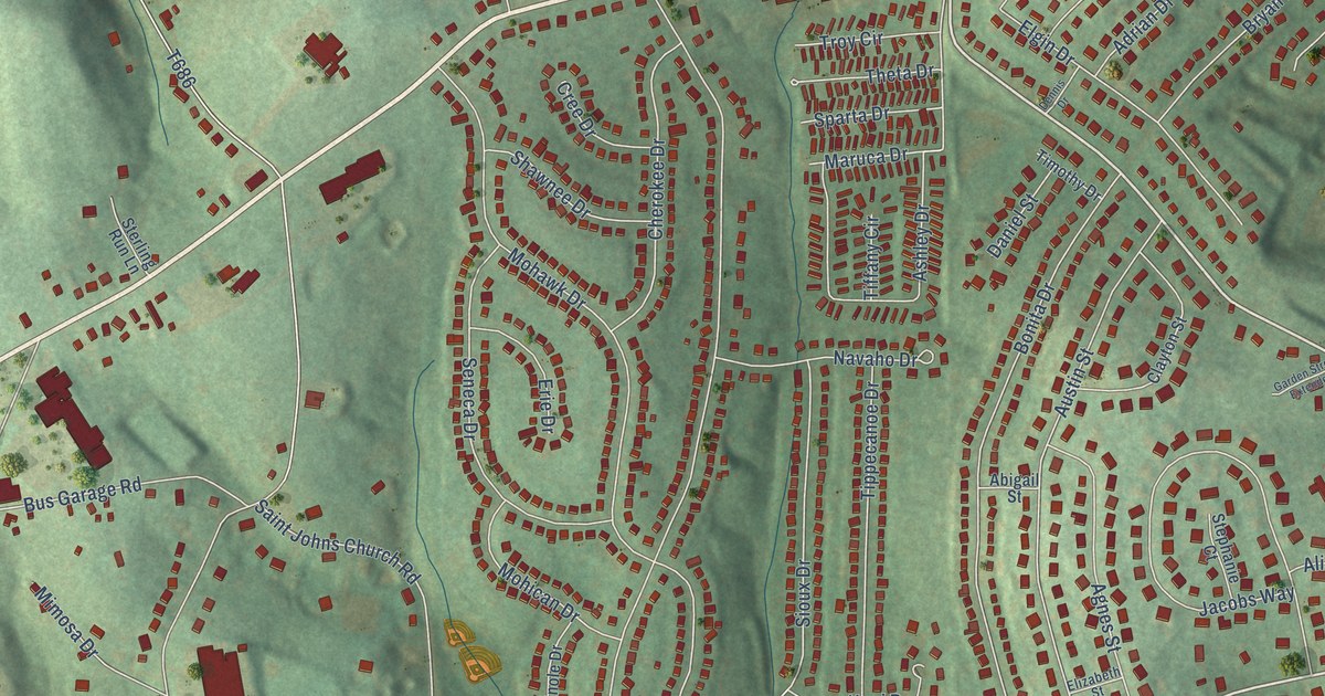 Close-up of streets and buildings in Fort Allen, Pennsylvania