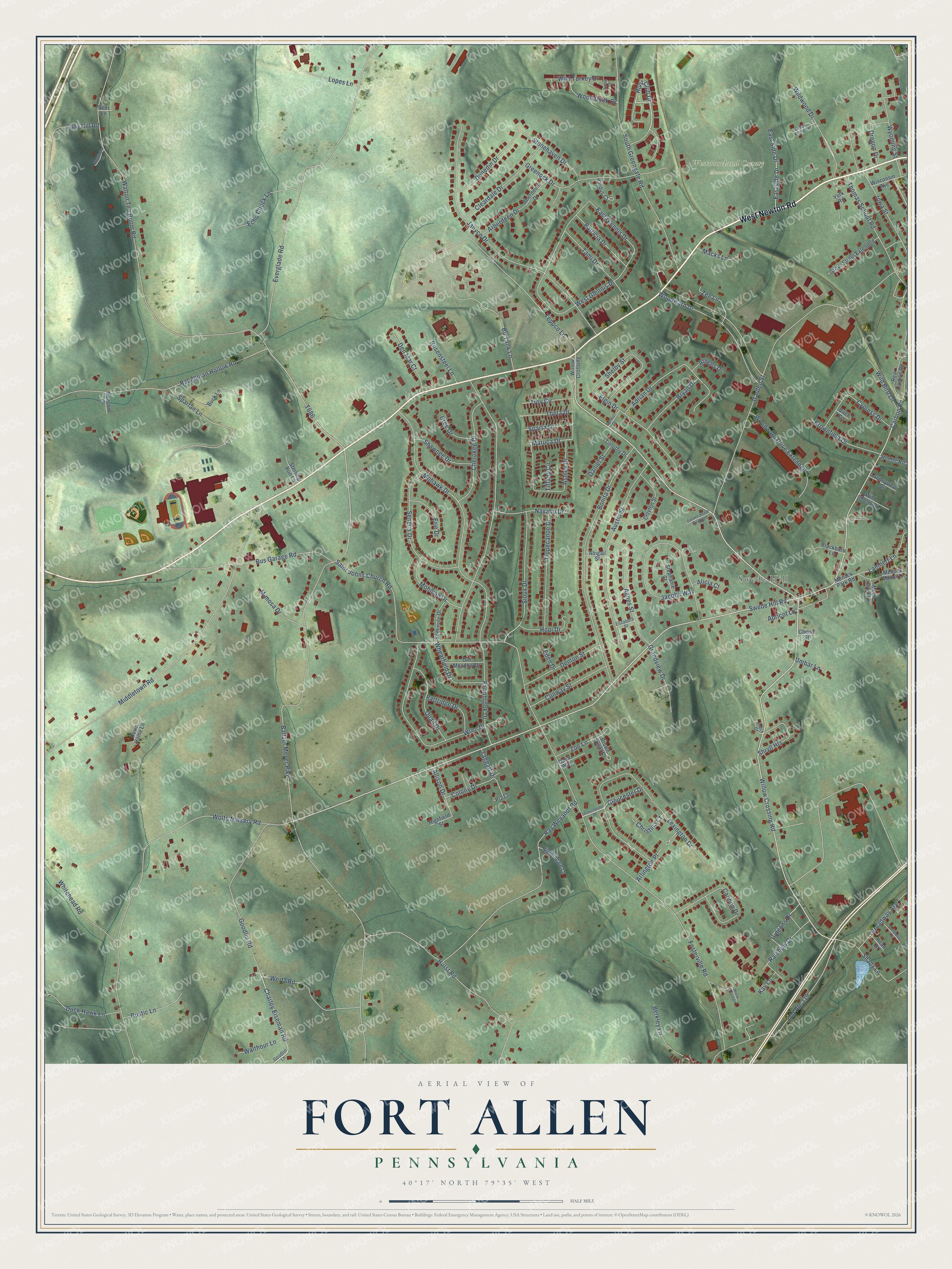 Full map of Fort Allen, Pennsylvania, with red buildings, printed street names and the land around them