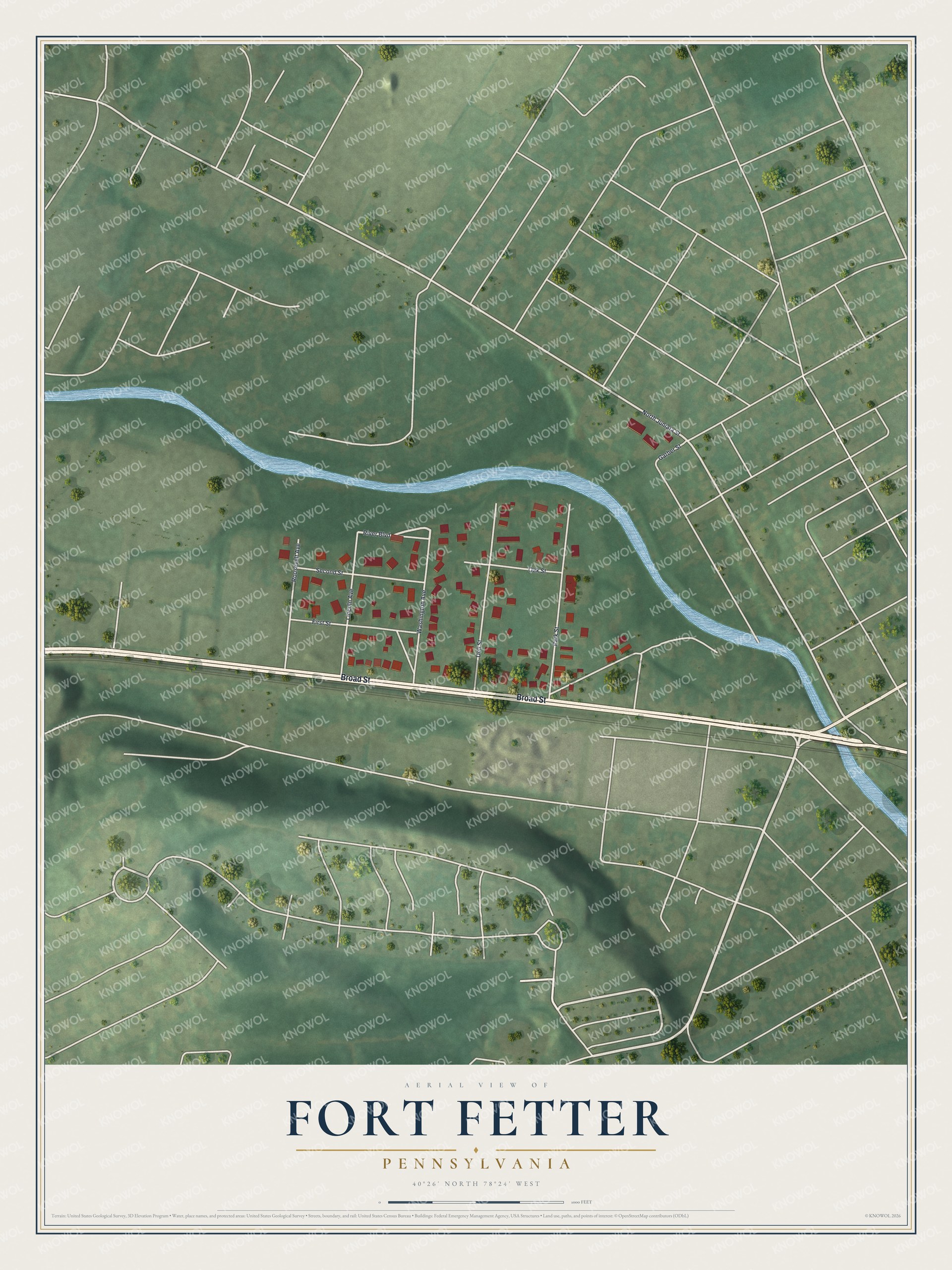 Full map of Fort Fetter, Pennsylvania, with red buildings, printed street names and the land around them