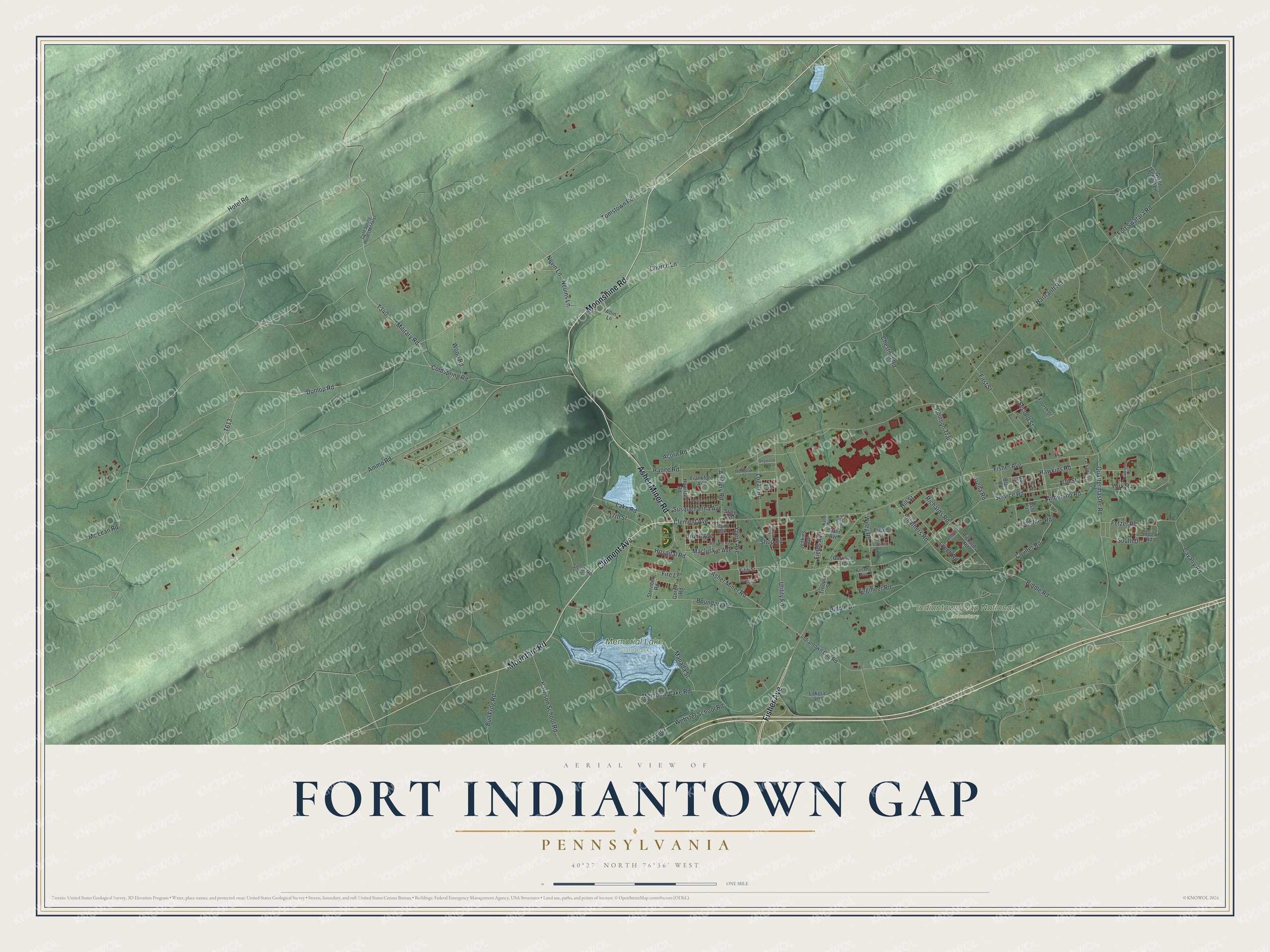 Full map of Fort Indiantown Gap, Pennsylvania, with red buildings, printed street names and the land around them