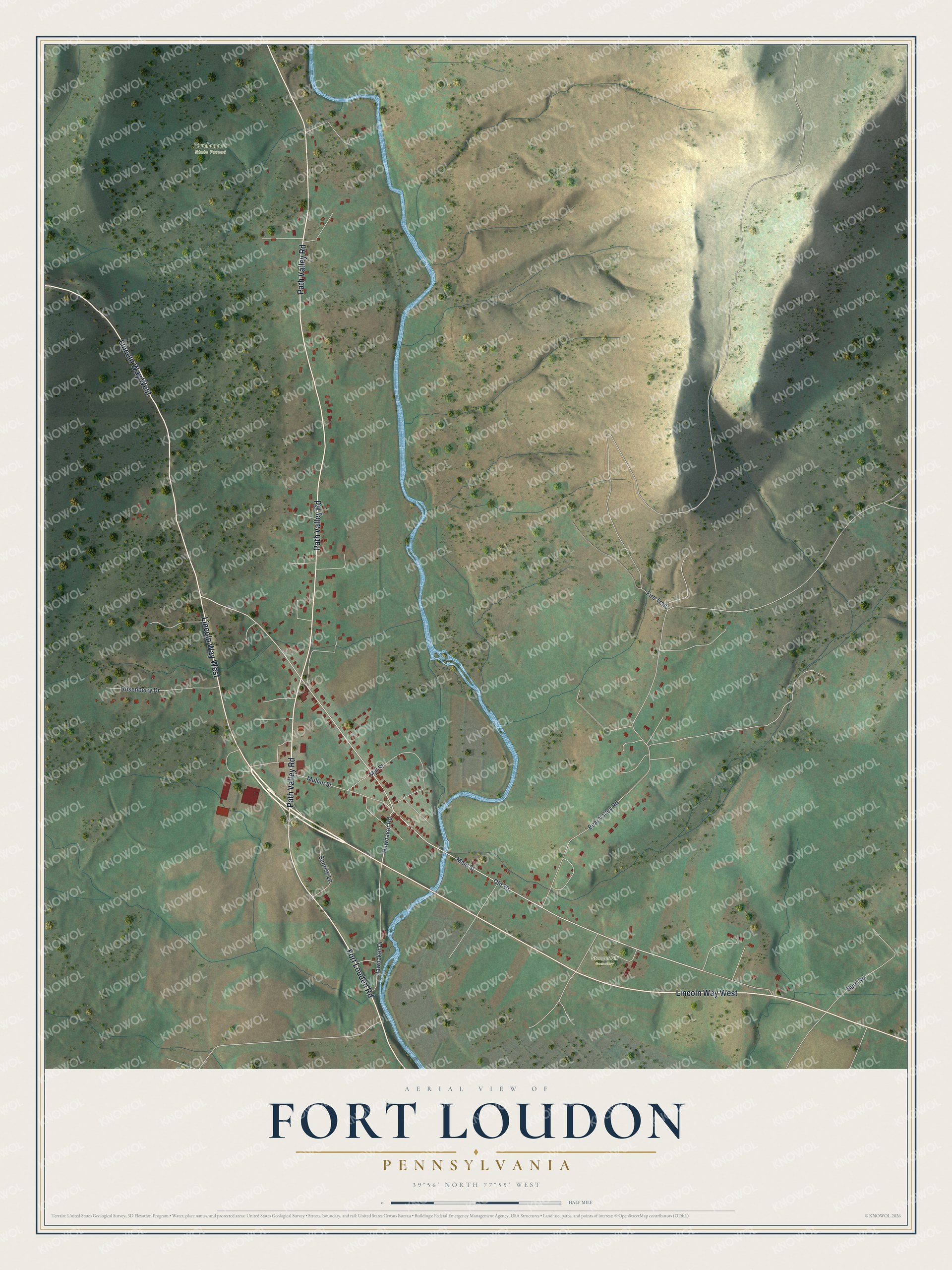 Full map of Fort Loudon, Pennsylvania, with red buildings, printed street names and the land around them