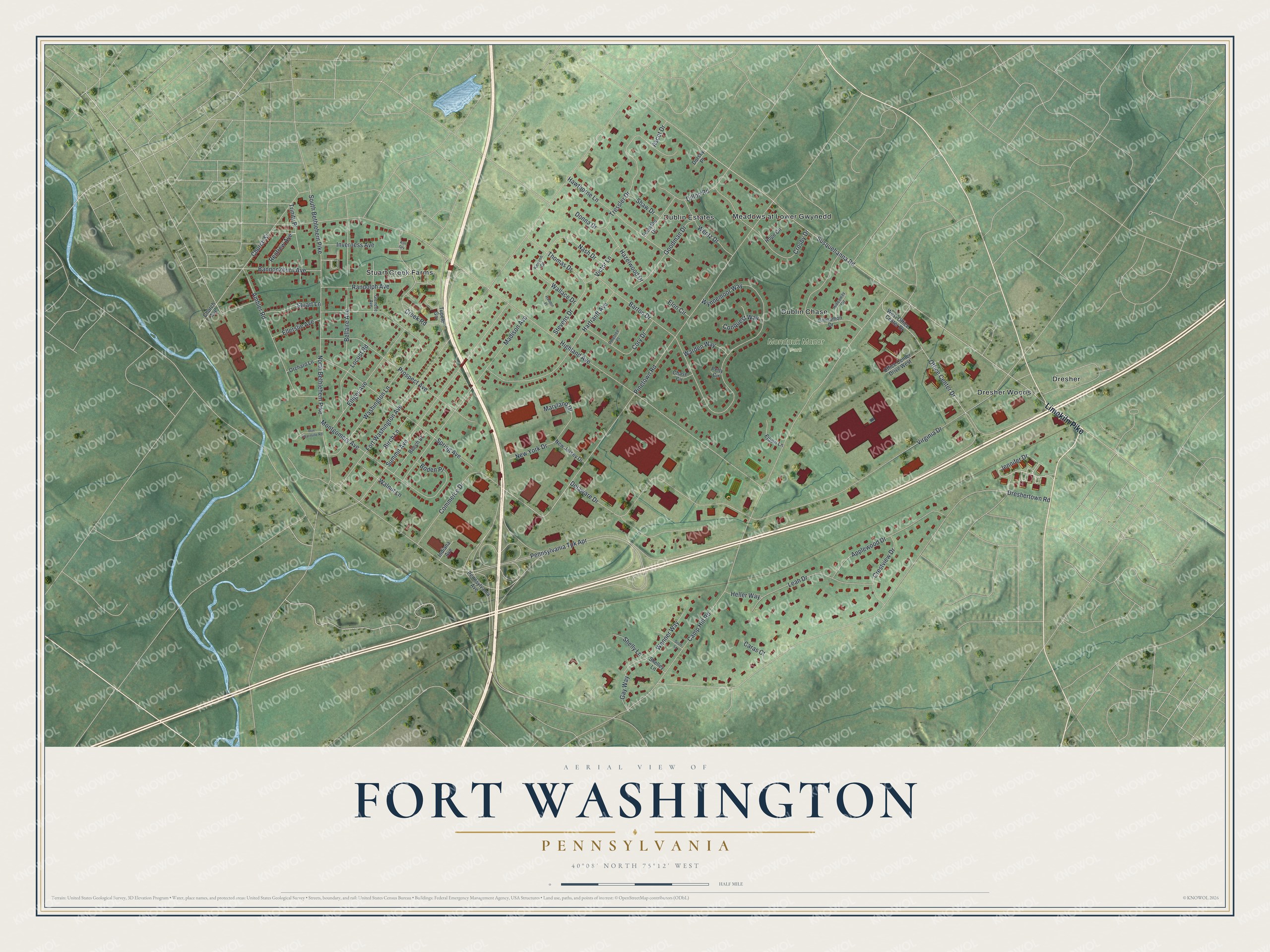 Full map of Fort Washington, Pennsylvania, with red buildings, printed street names and the land around them