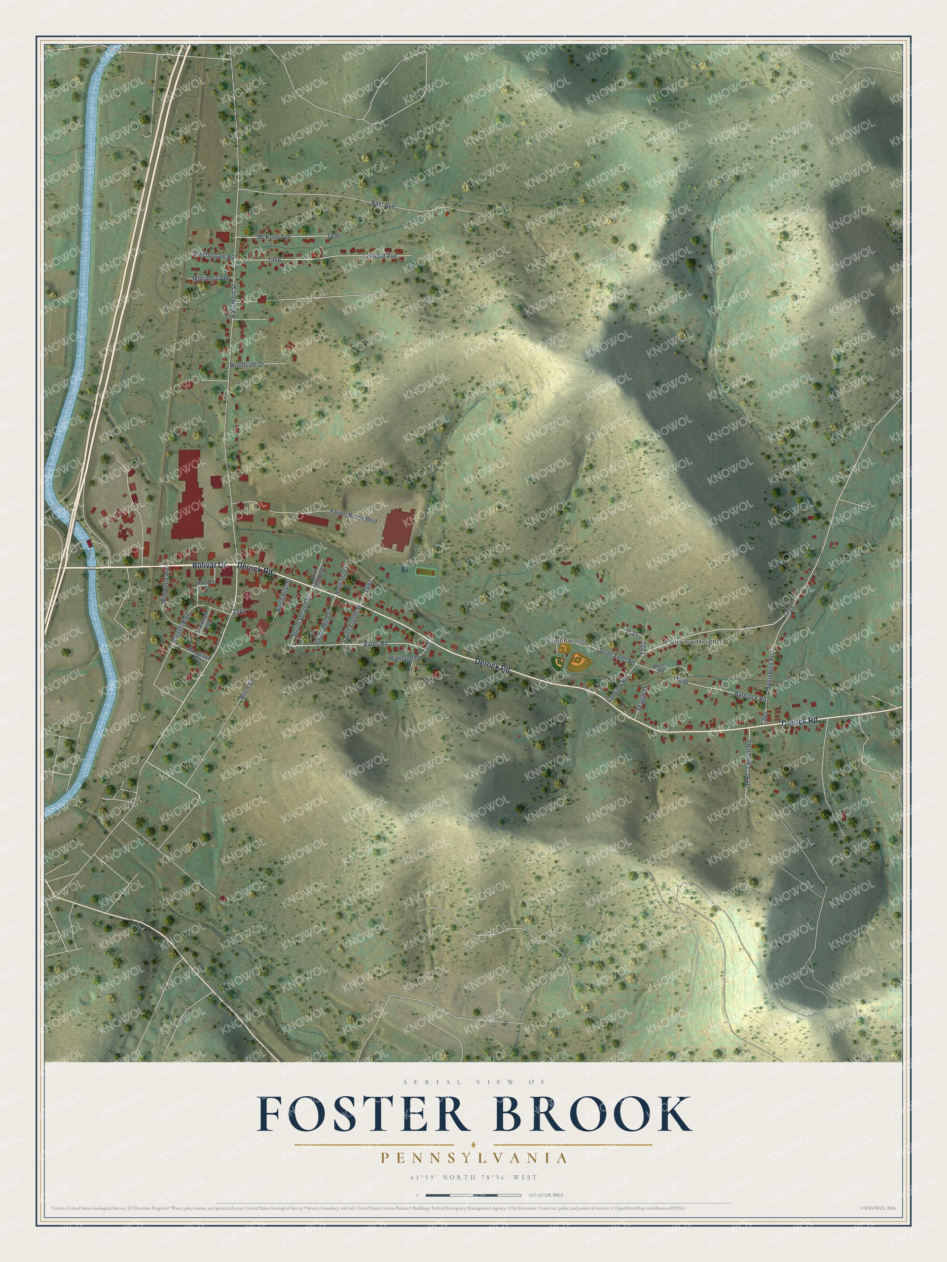 Full map of Foster Brook, Pennsylvania, with red buildings, printed street names and the land around them