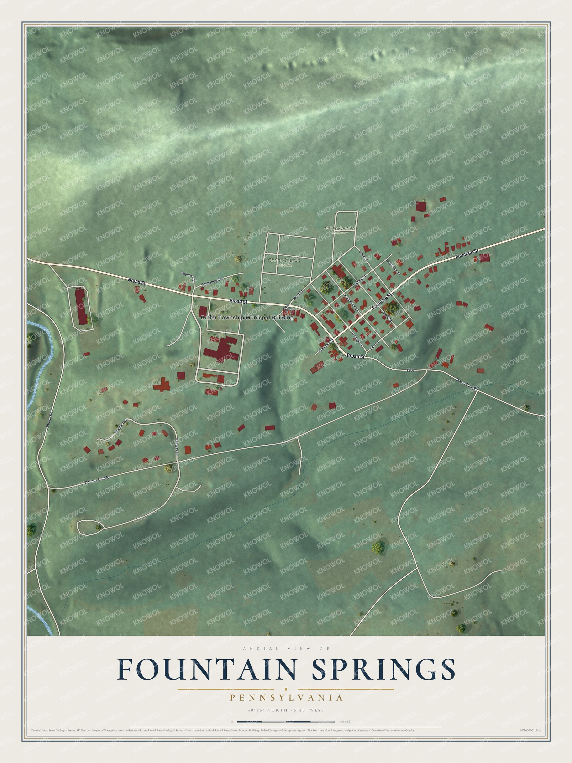 Full map of Fountain Springs, Pennsylvania, with red buildings, printed street names and the land around them
