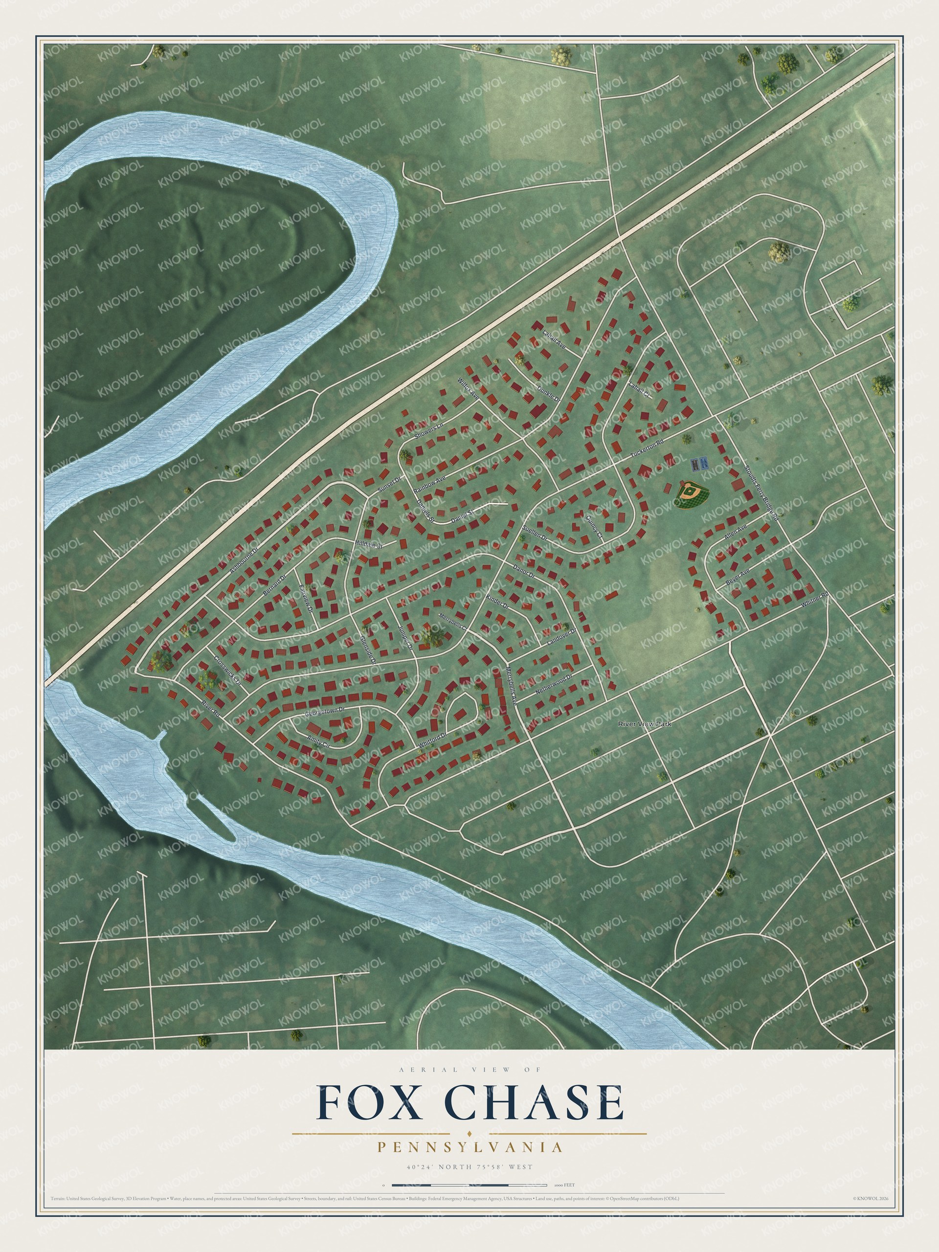 Full map of Fox Chase, Pennsylvania, with red buildings, printed street names and the land around them
