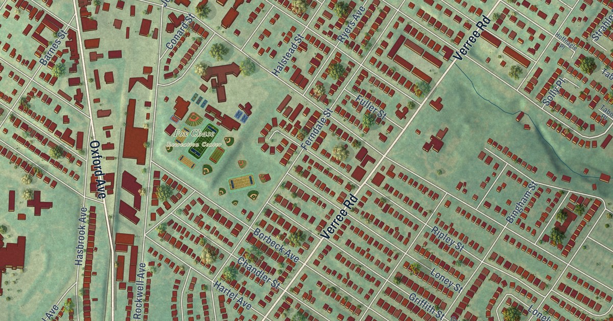 Close-up of streets and buildings in Fox Chase, Philadelphia, Pennsylvania