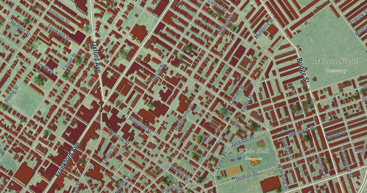 Close-up of streets and buildings in Frankford, Pennsylvania