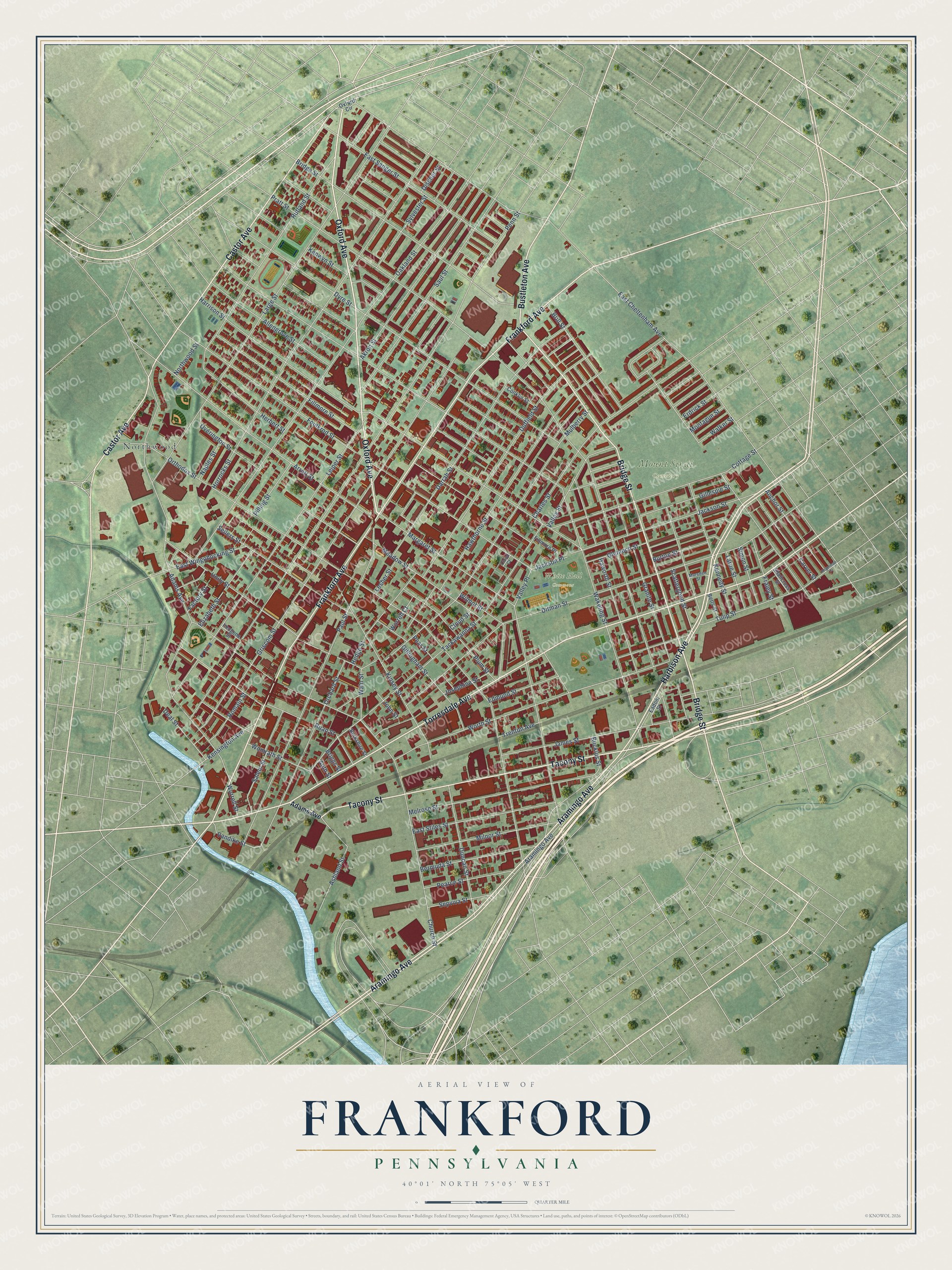 Full map of Frankford, Pennsylvania, with red buildings, printed street names and the land around them