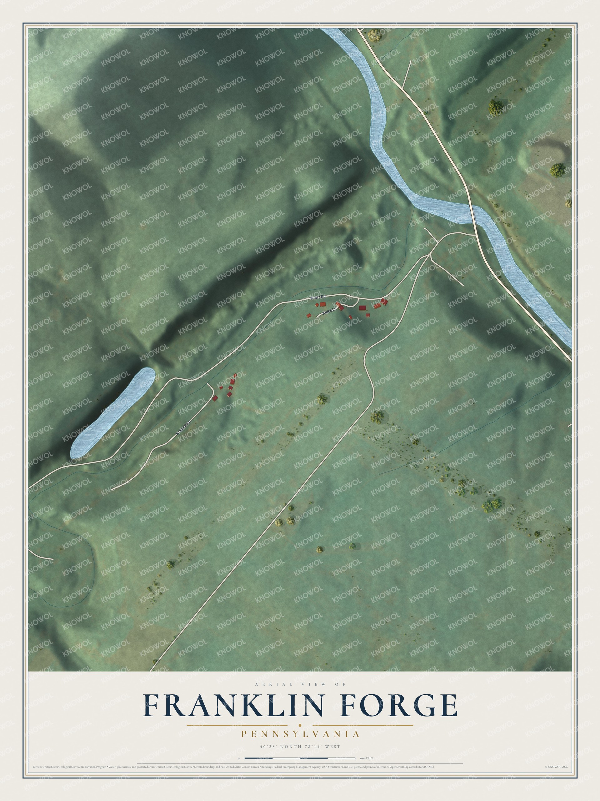 Full map of Franklin Forge, Pennsylvania, with red buildings, printed street names and the land around them