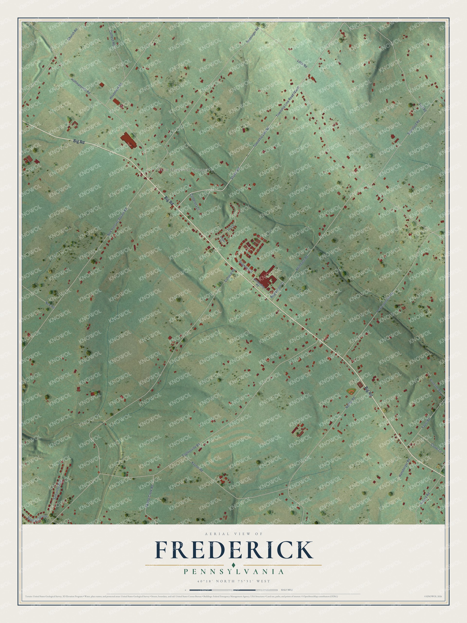 Full map of Frederick, Pennsylvania, with red buildings, printed street names and the land around them