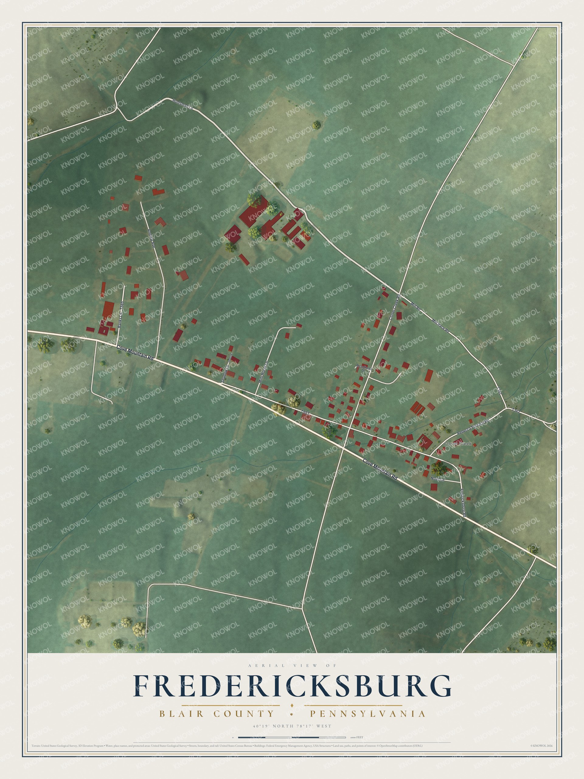 Full map of Fredericksburg, Pennsylvania, with red buildings, printed street names and the land around them