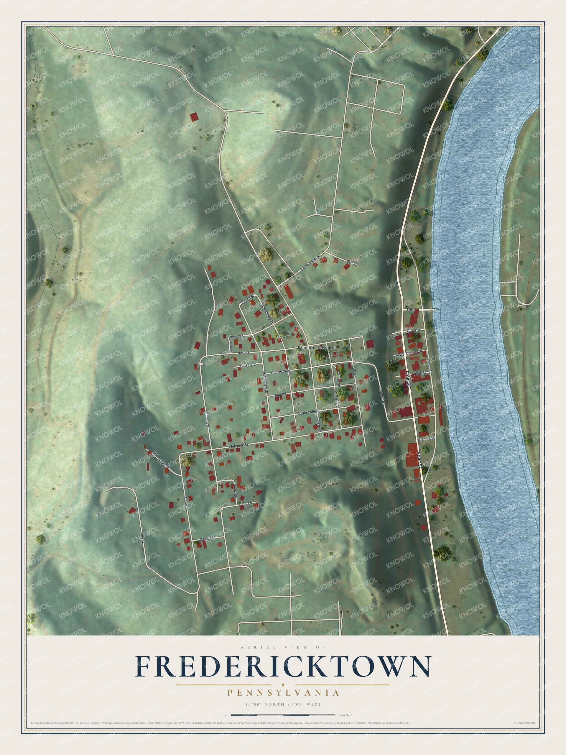 Full map of Fredericktown, Pennsylvania, with red buildings, printed street names and the land around them