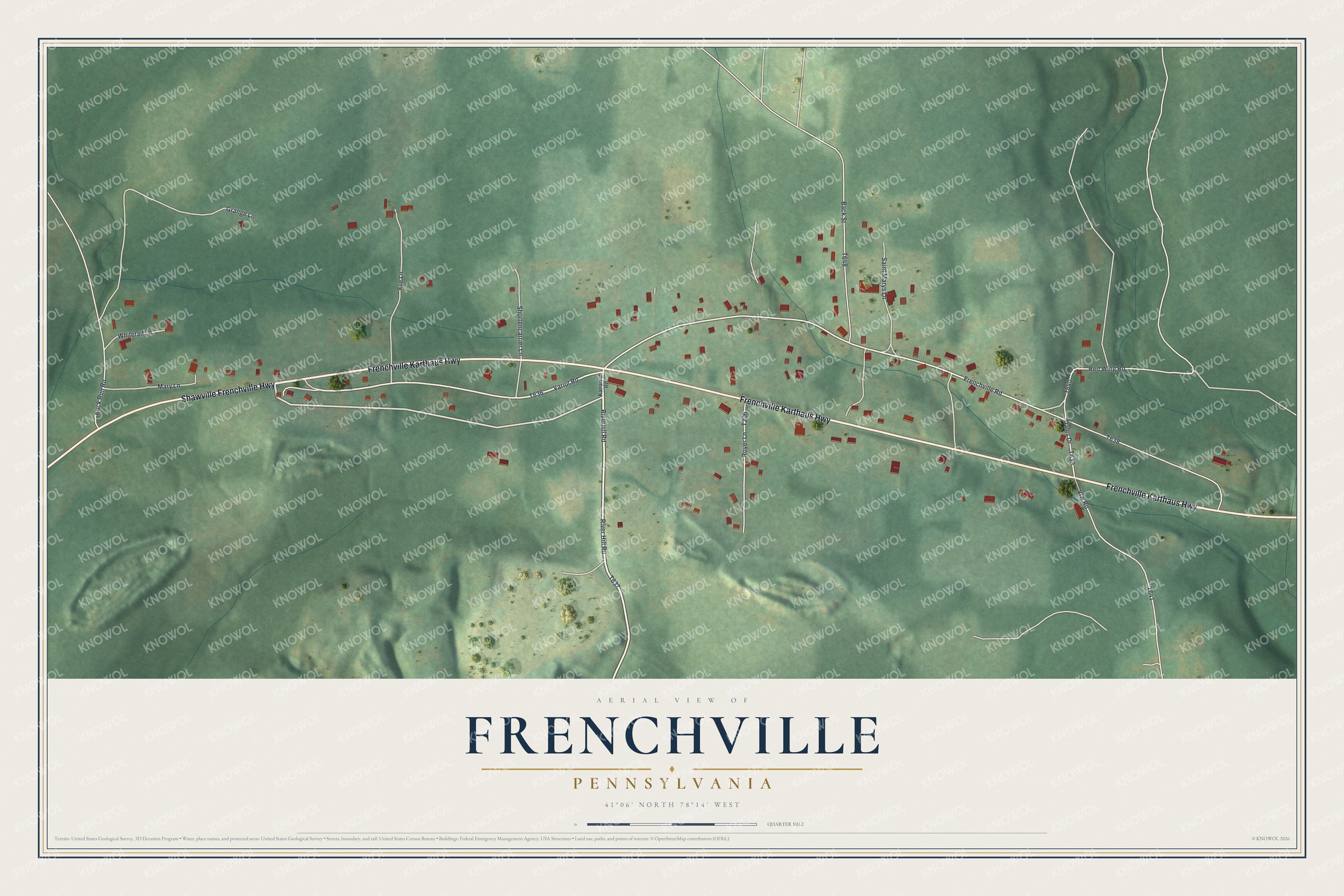 Full map of Frenchville, Pennsylvania, with red buildings, printed street names and the land around them