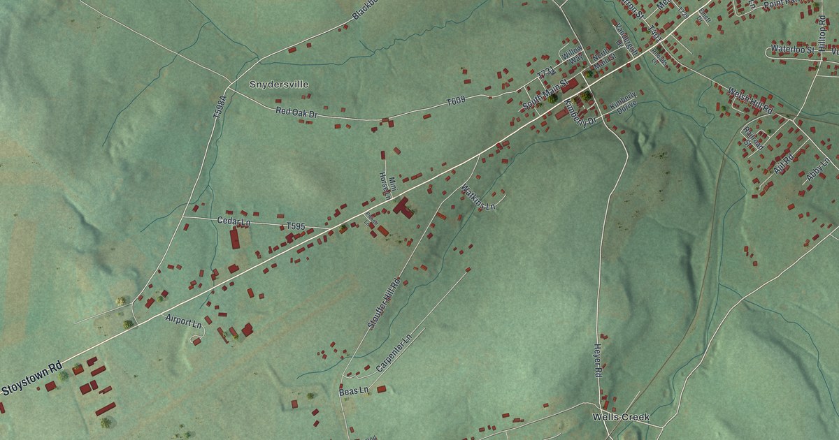 Close-up of streets and buildings in Friedens, Pennsylvania