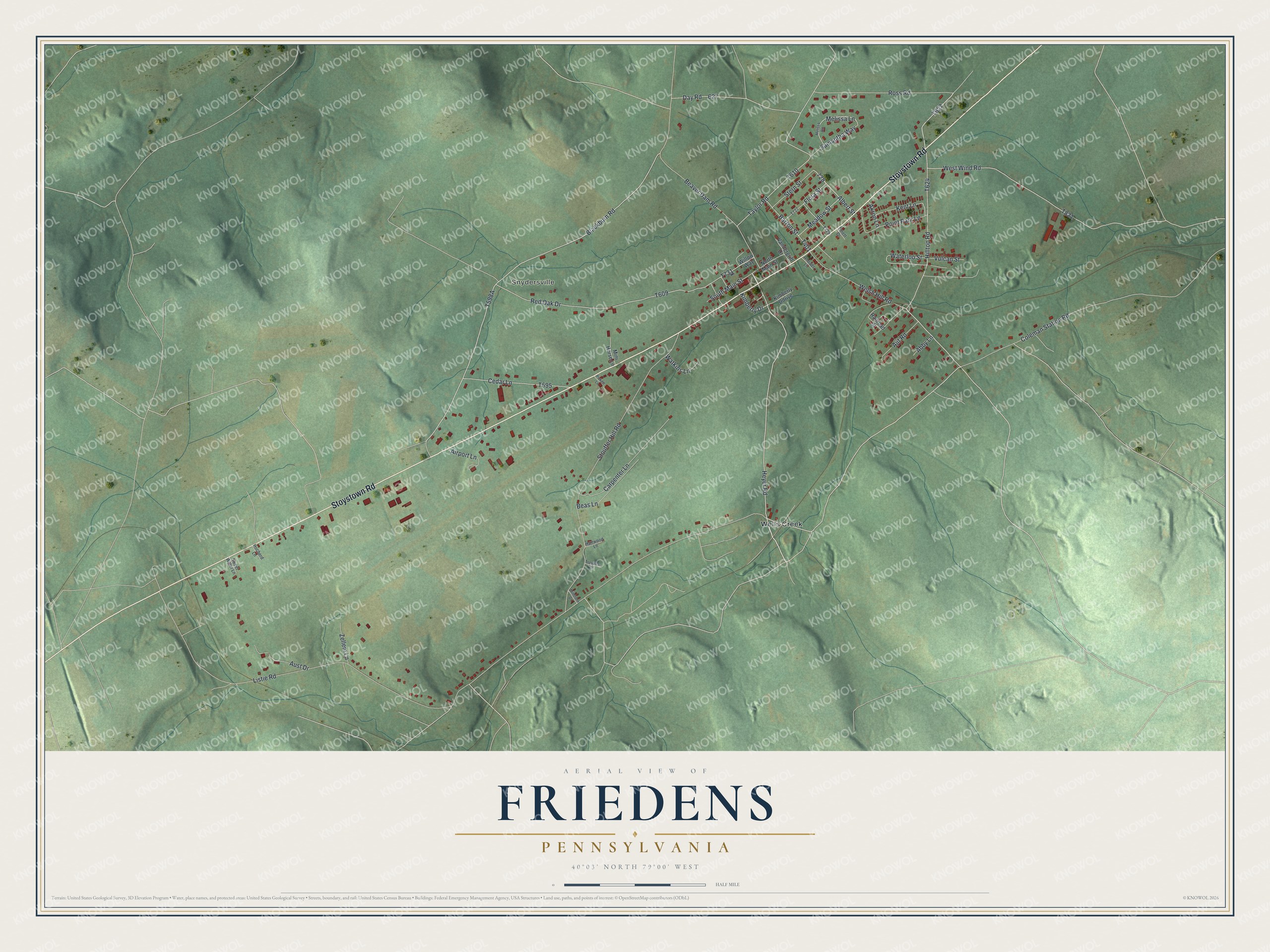Full map of Friedens, Pennsylvania, with red buildings, printed street names and the land around them