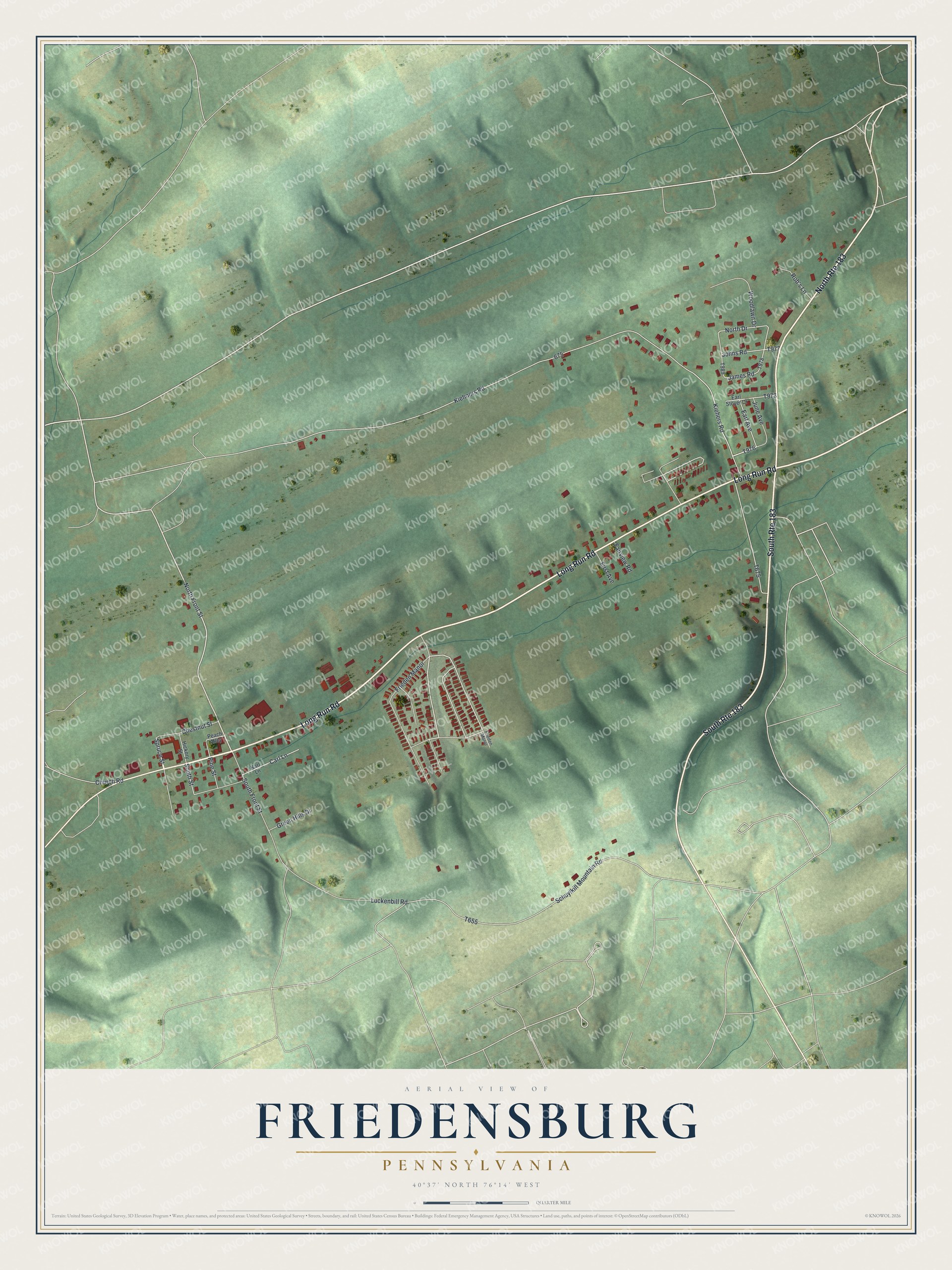 Full map of Friedensburg, Pennsylvania, with red buildings, printed street names and the land around them