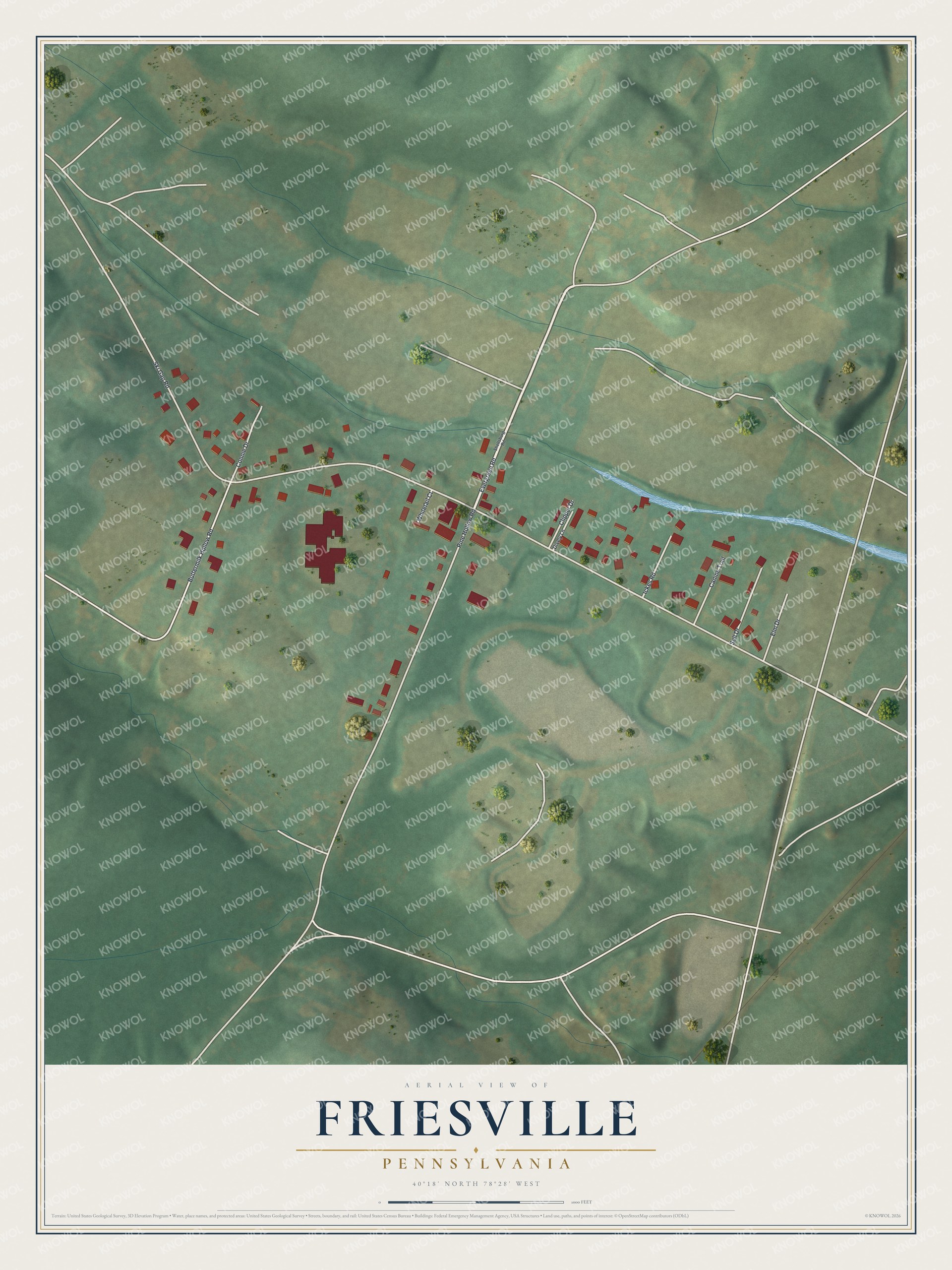 Full map of Friesville, Pennsylvania, with red buildings, printed street names and the land around them