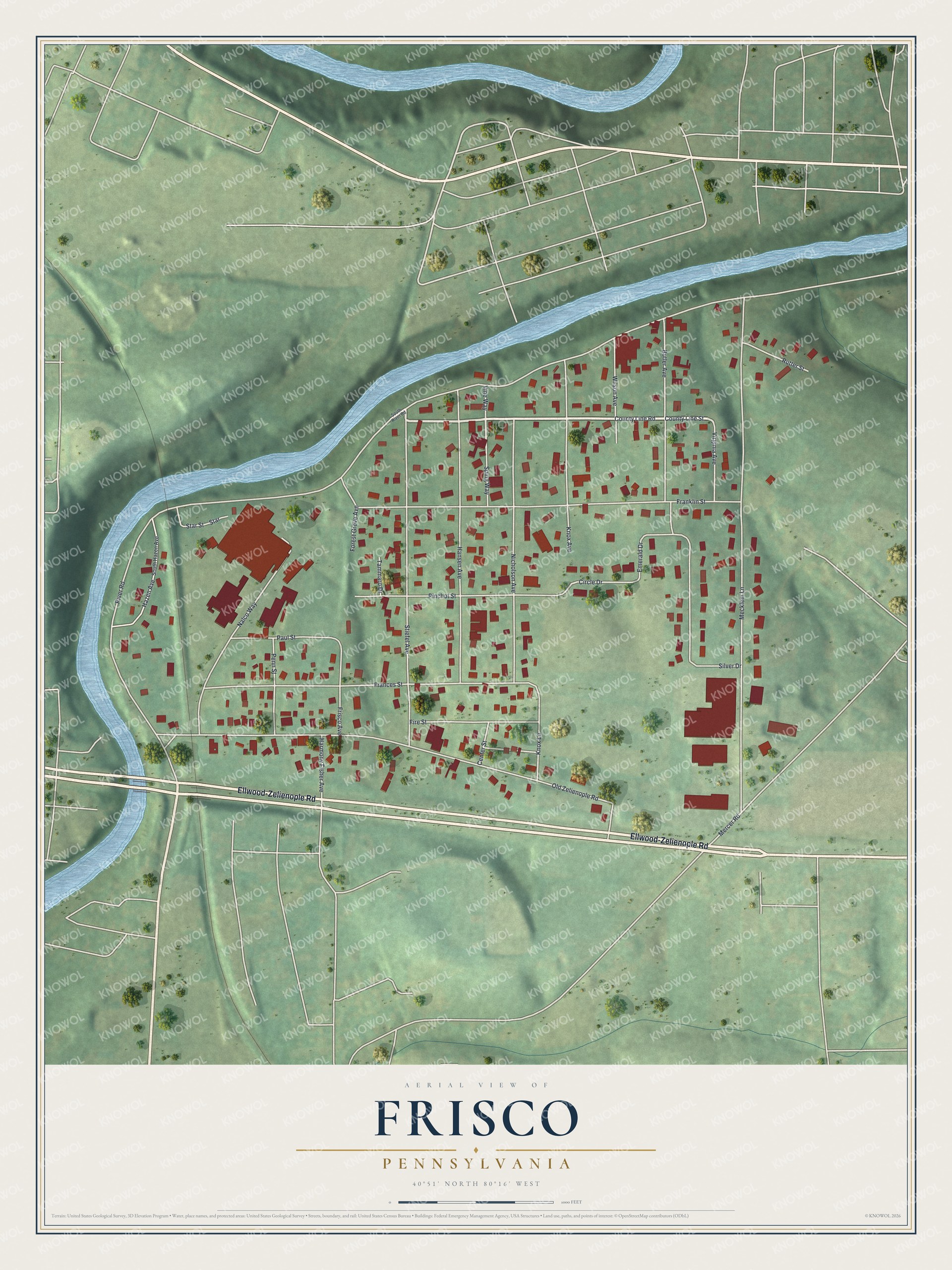 Full map of Frisco, Pennsylvania, with red buildings, printed street names and the land around them
