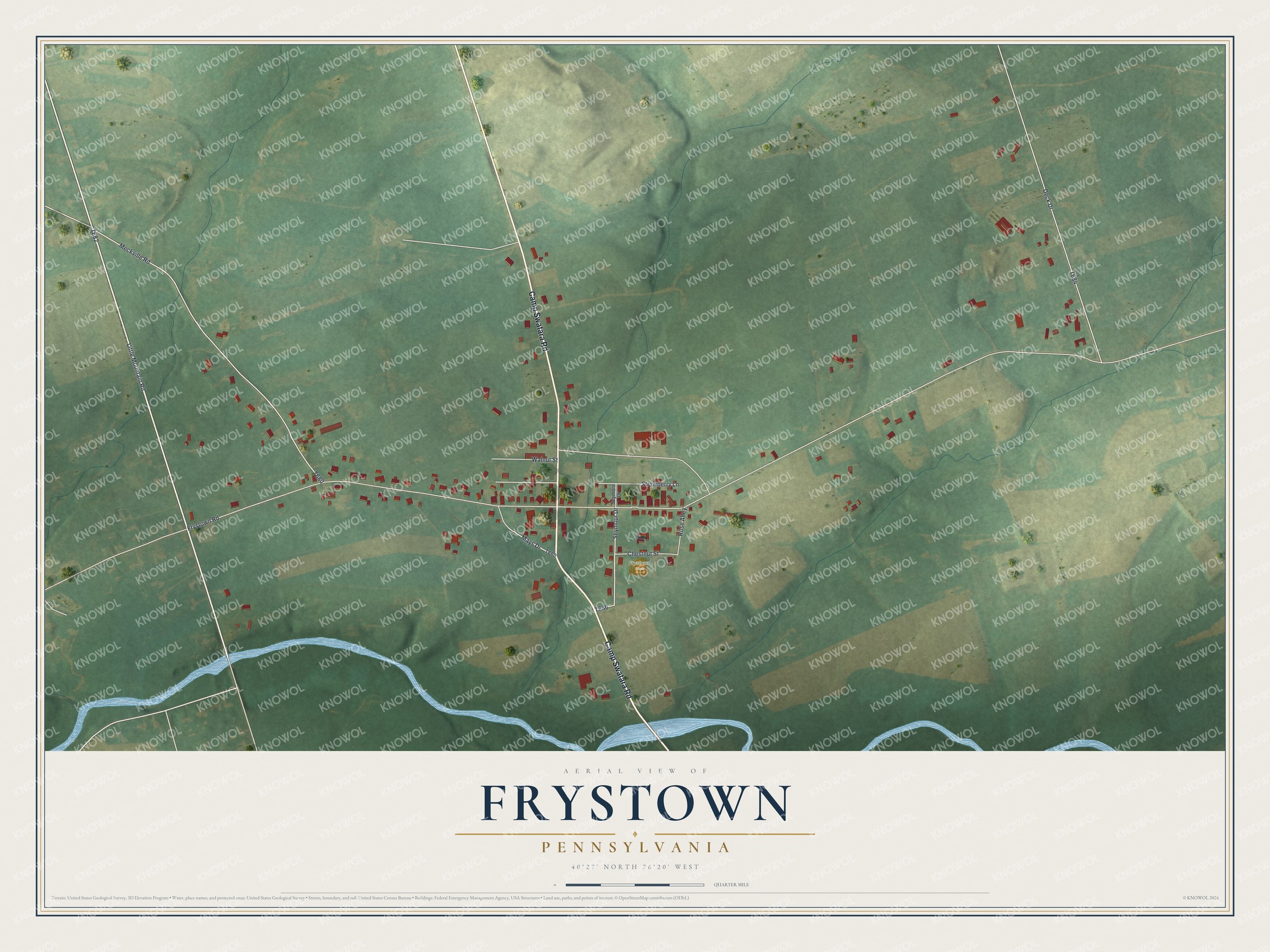 Full map of Frystown, Pennsylvania, with red buildings, printed street names and the land around them