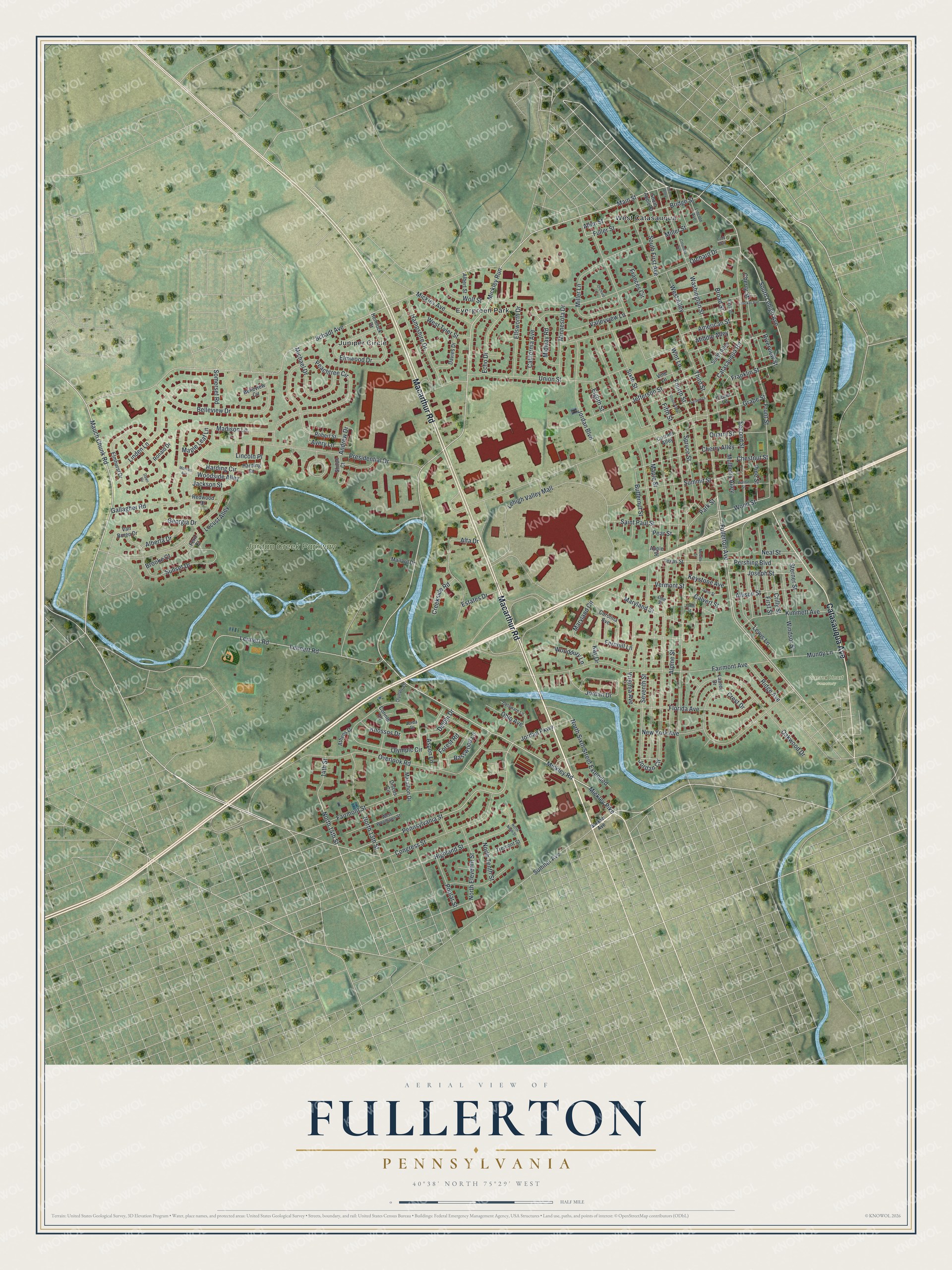 Full map of Fullerton, Pennsylvania, with red buildings, printed street names and the land around them