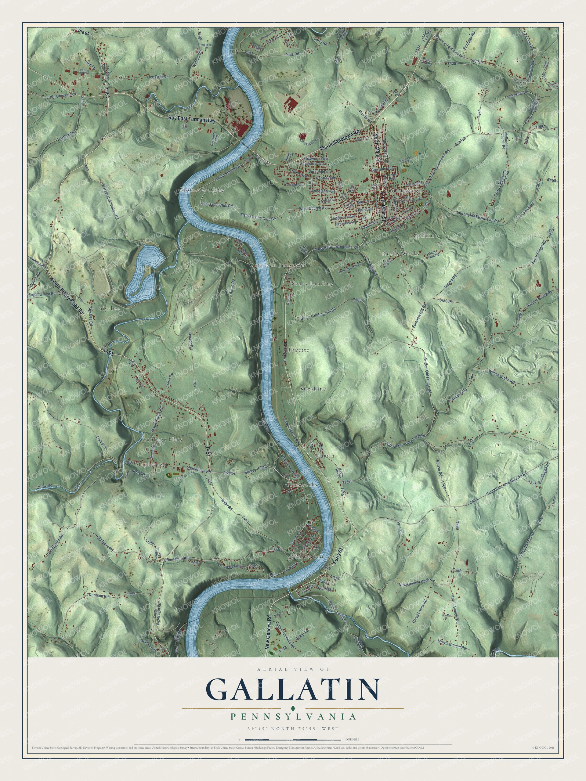 Full map of Gallatin, Pennsylvania, with red buildings, printed street names and the land around them