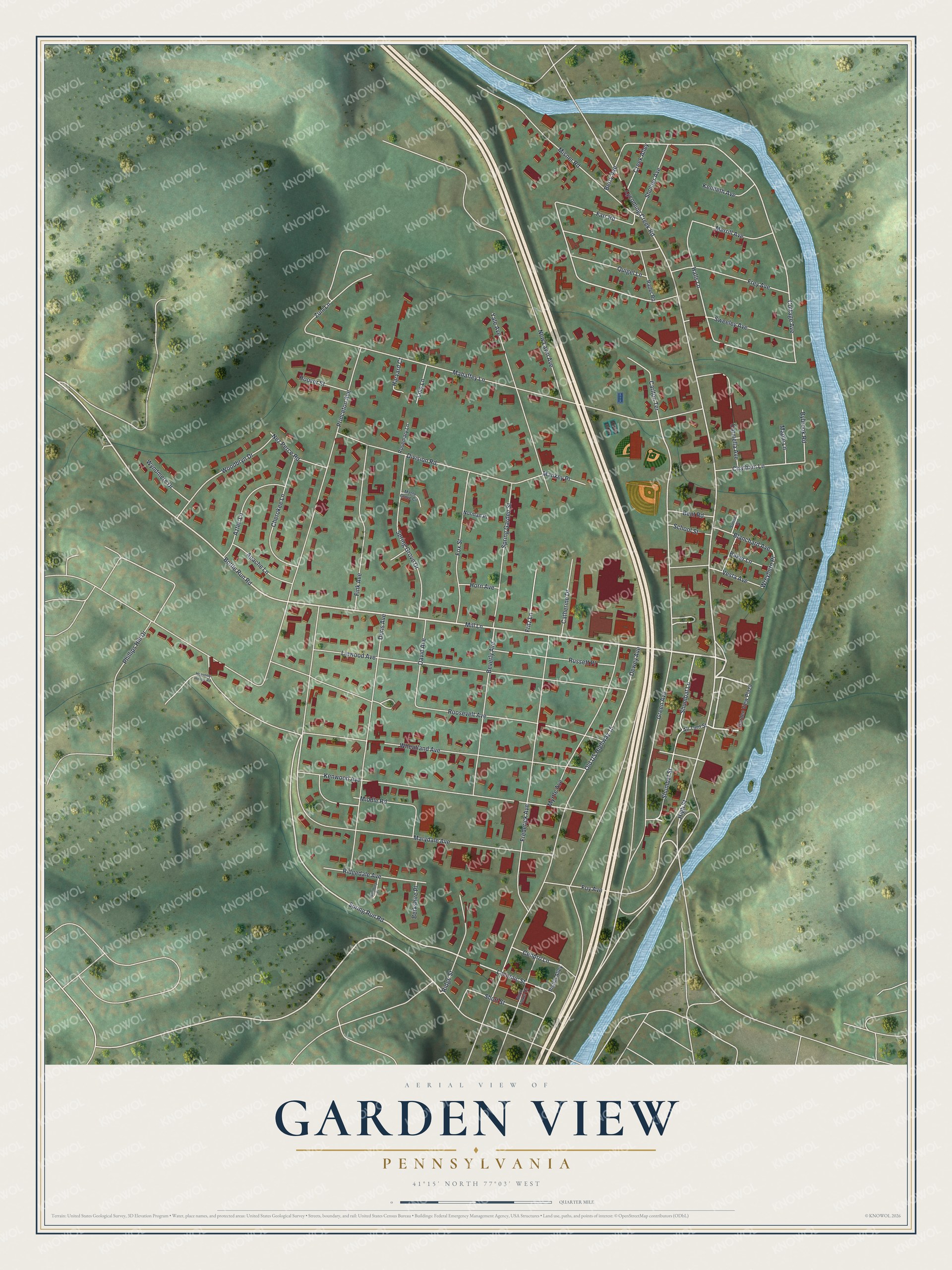 Full map of Garden View, Pennsylvania, with red buildings, printed street names and the land around them